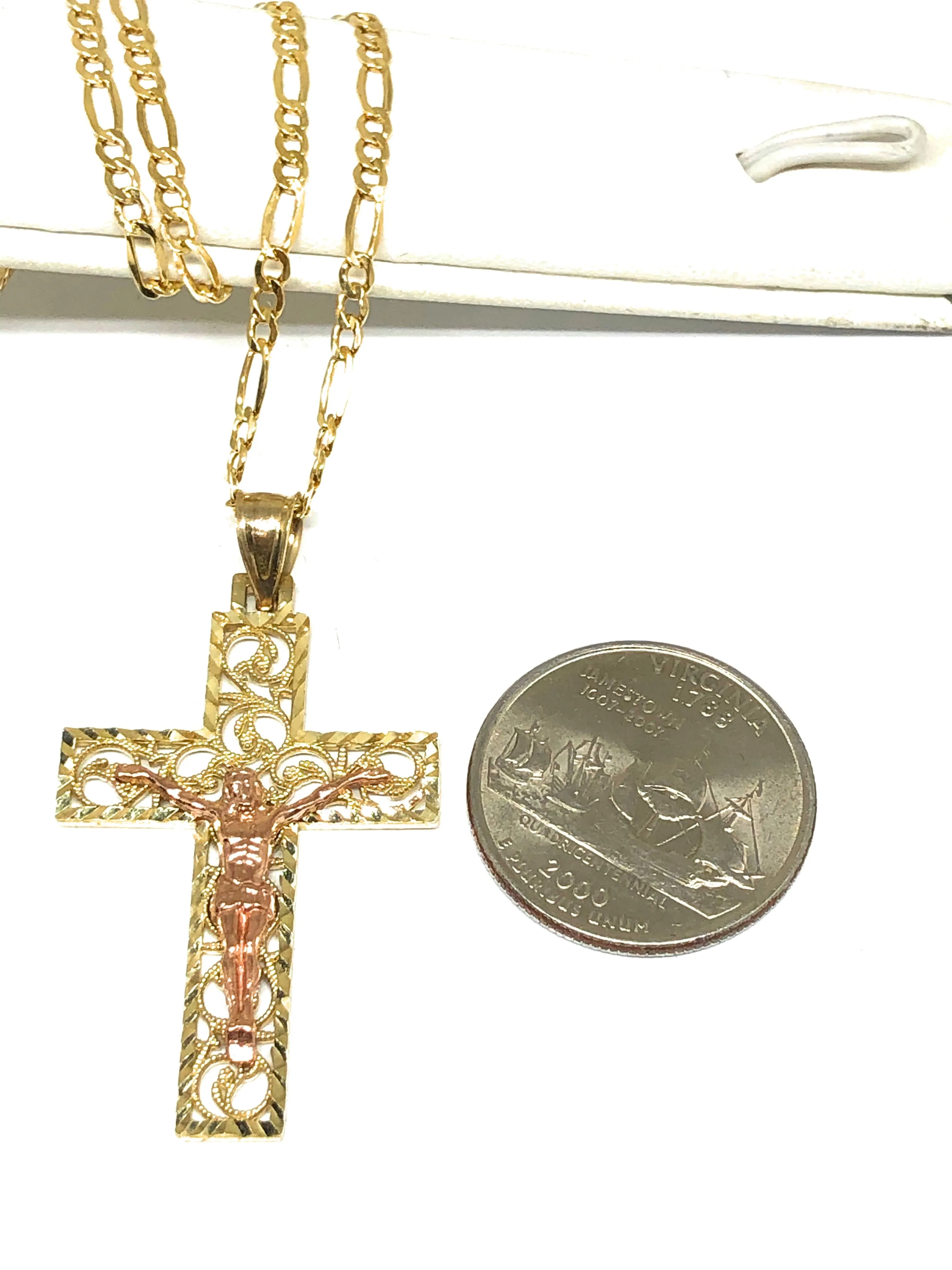 14k Solid Gold Yellow & Rose 2-Tone Filigran Jesus Cross Crucifix Pendant Necklace (SM, MED)