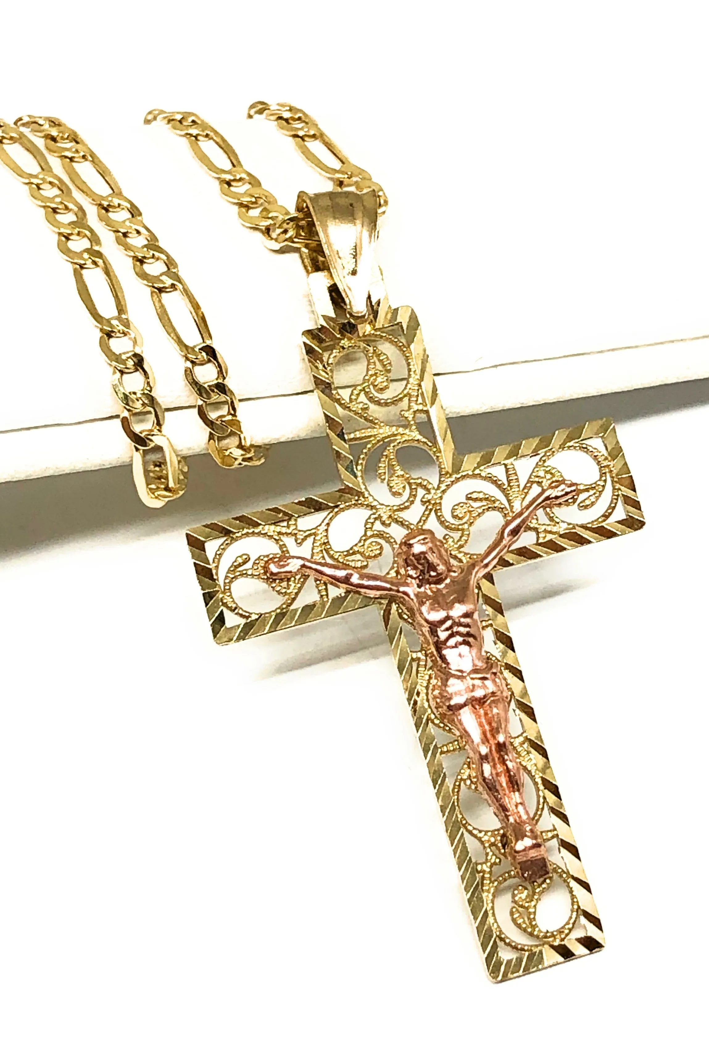 14k Solid Gold Yellow & Rose 2-Tone Filigran Jesus Cross Crucifix Pendant Necklace (SM, MED)