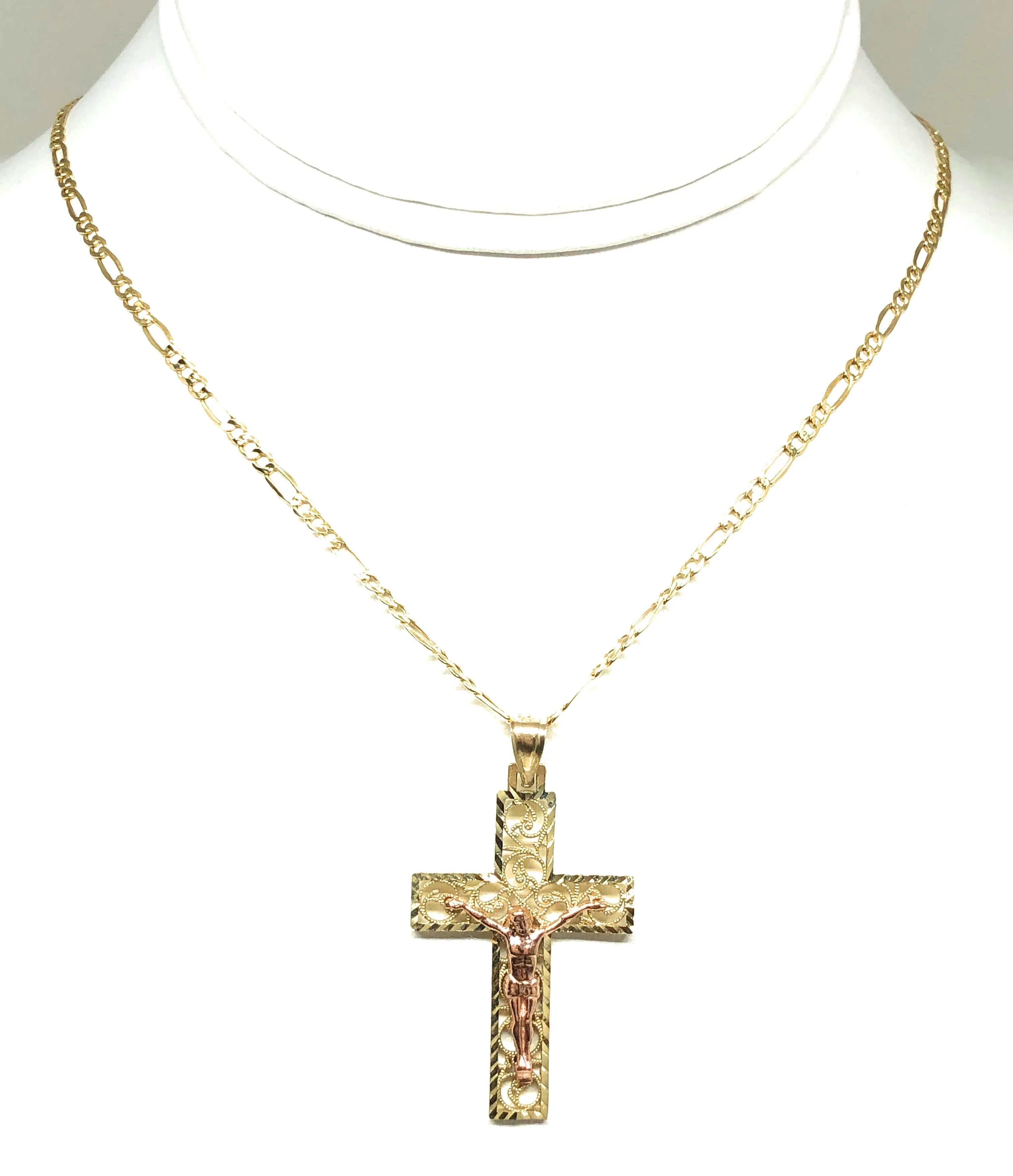 14k Solid Gold Yellow & Rose 2-Tone Filigran Jesus Cross Crucifix Pendant Necklace (SM, MED)