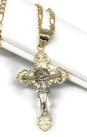 14k Solid Gold Yellow Classic 2-Tone Jesus Cross Crucifix Pendant Necklace (SM,MED,LG)