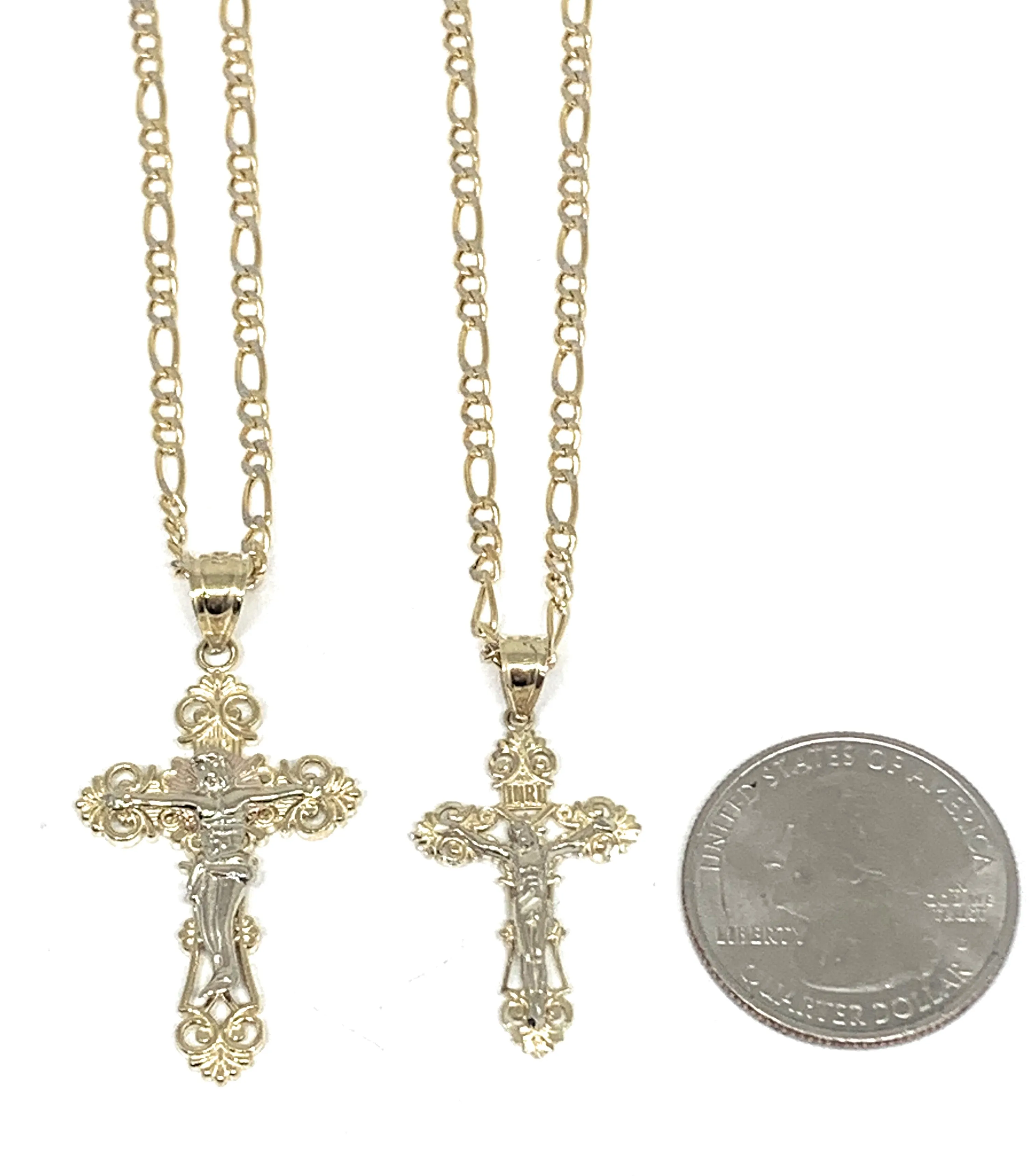 14k Solid Gold Yellow Classic 2-Tone Jesus Cross Crucifix Pendant Necklace (SM,MED,LG)