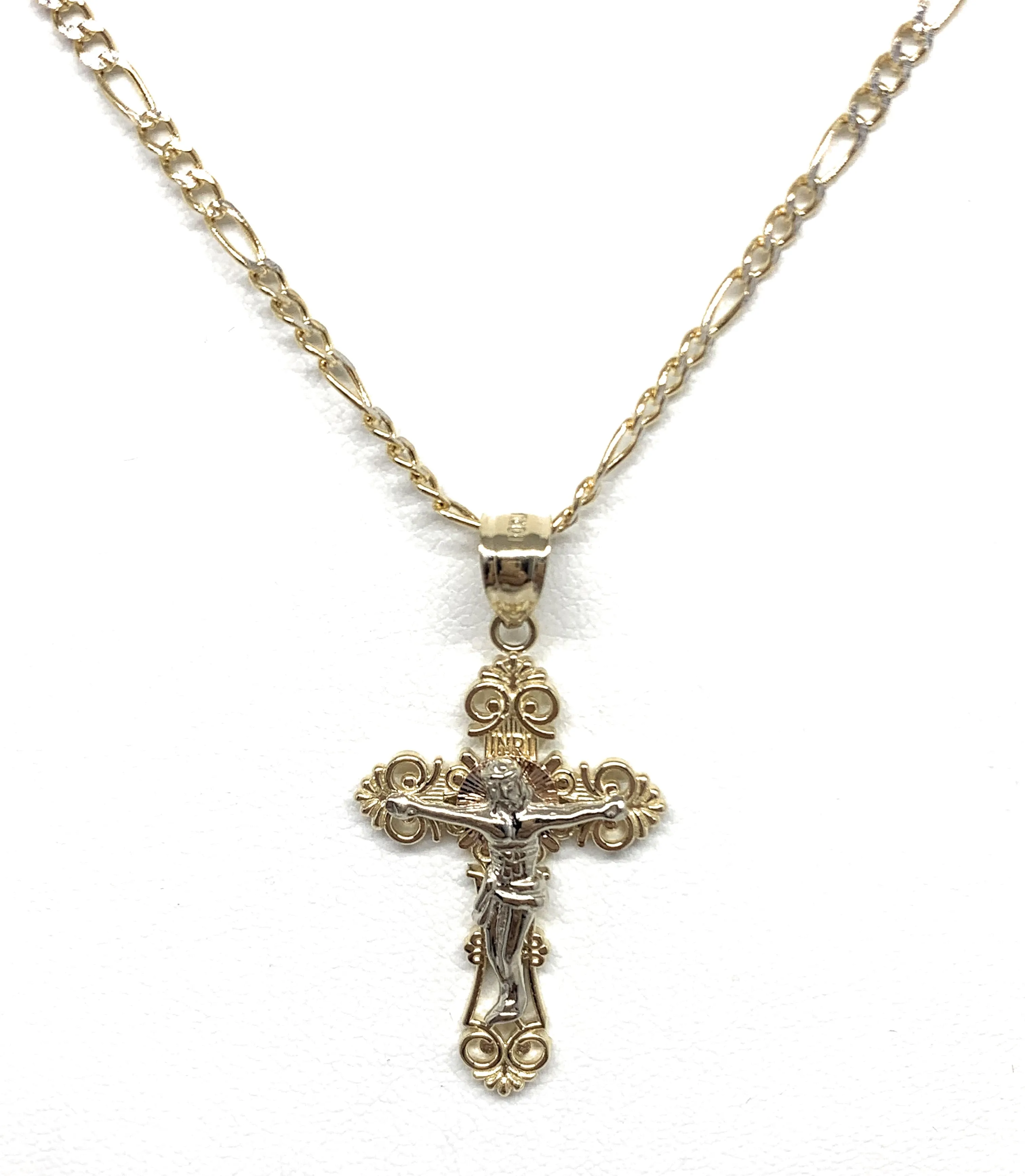 14k Solid Gold Yellow Classic 2-Tone Jesus Cross Crucifix Pendant Necklace (SM,MED,LG)