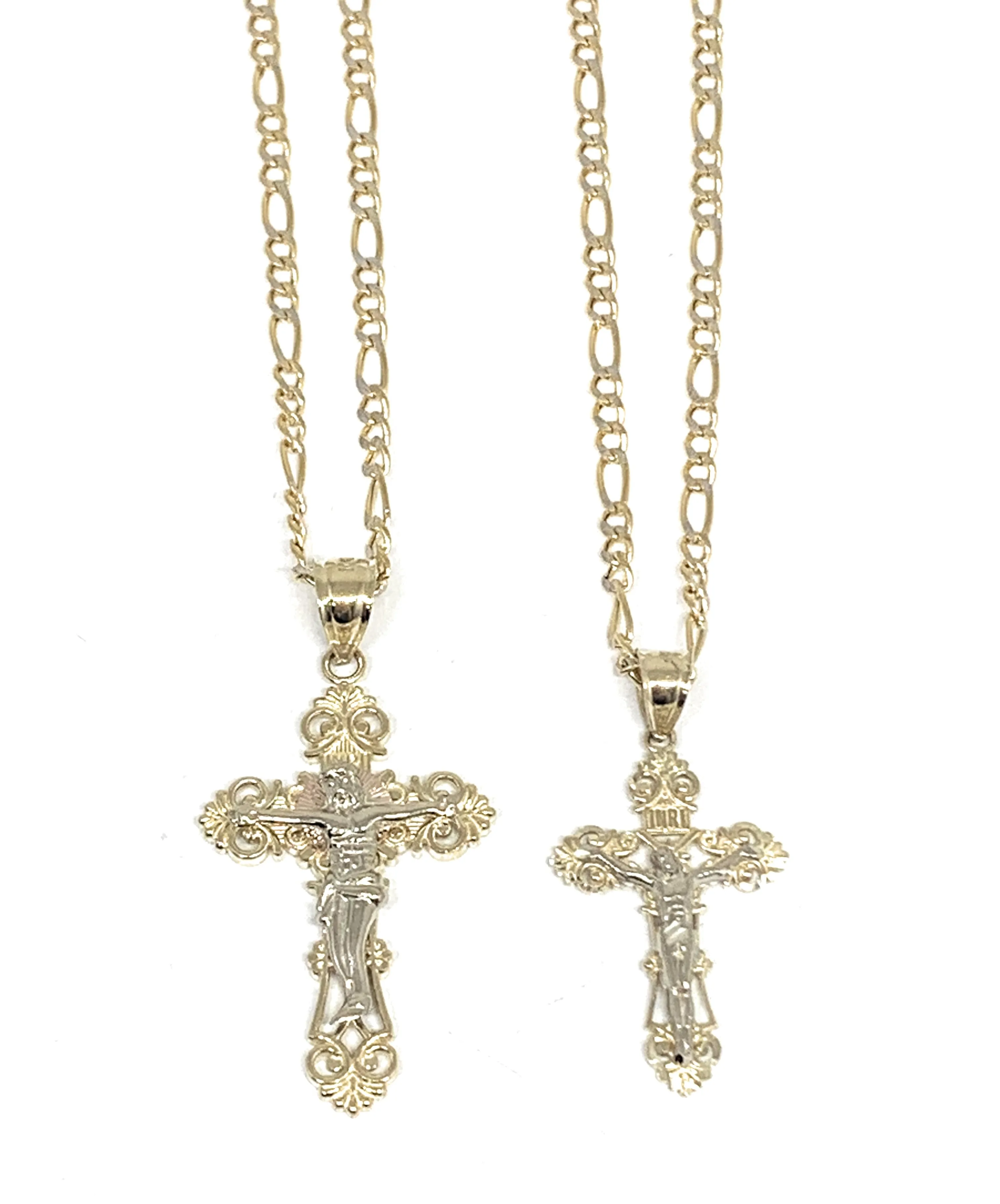 14k Solid Gold Yellow Classic 2-Tone Jesus Cross Crucifix Pendant Necklace (SM,MED,LG)