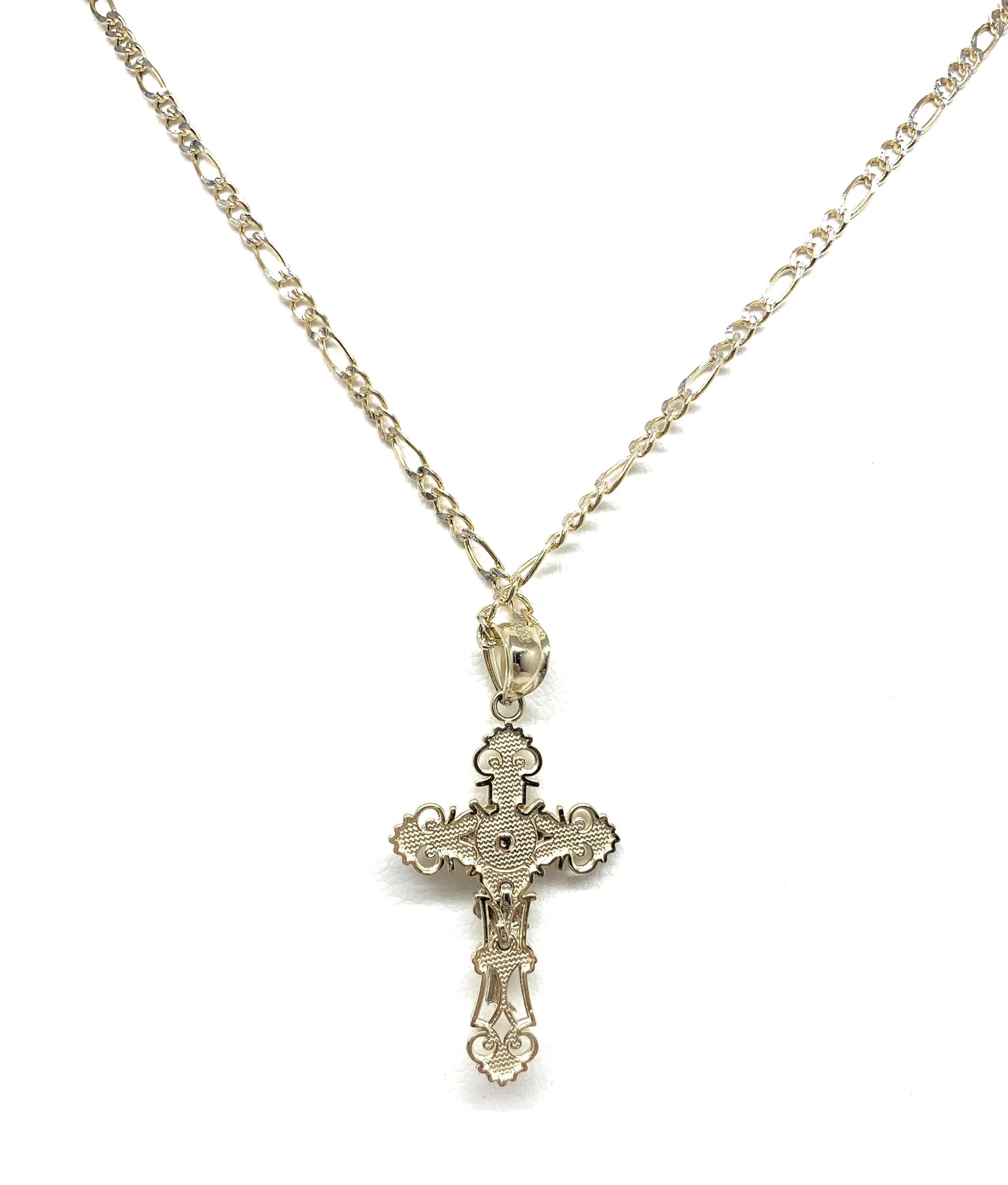 14k Solid Gold Yellow Classic 2-Tone Jesus Cross Crucifix Pendant Necklace (SM,MED,LG)