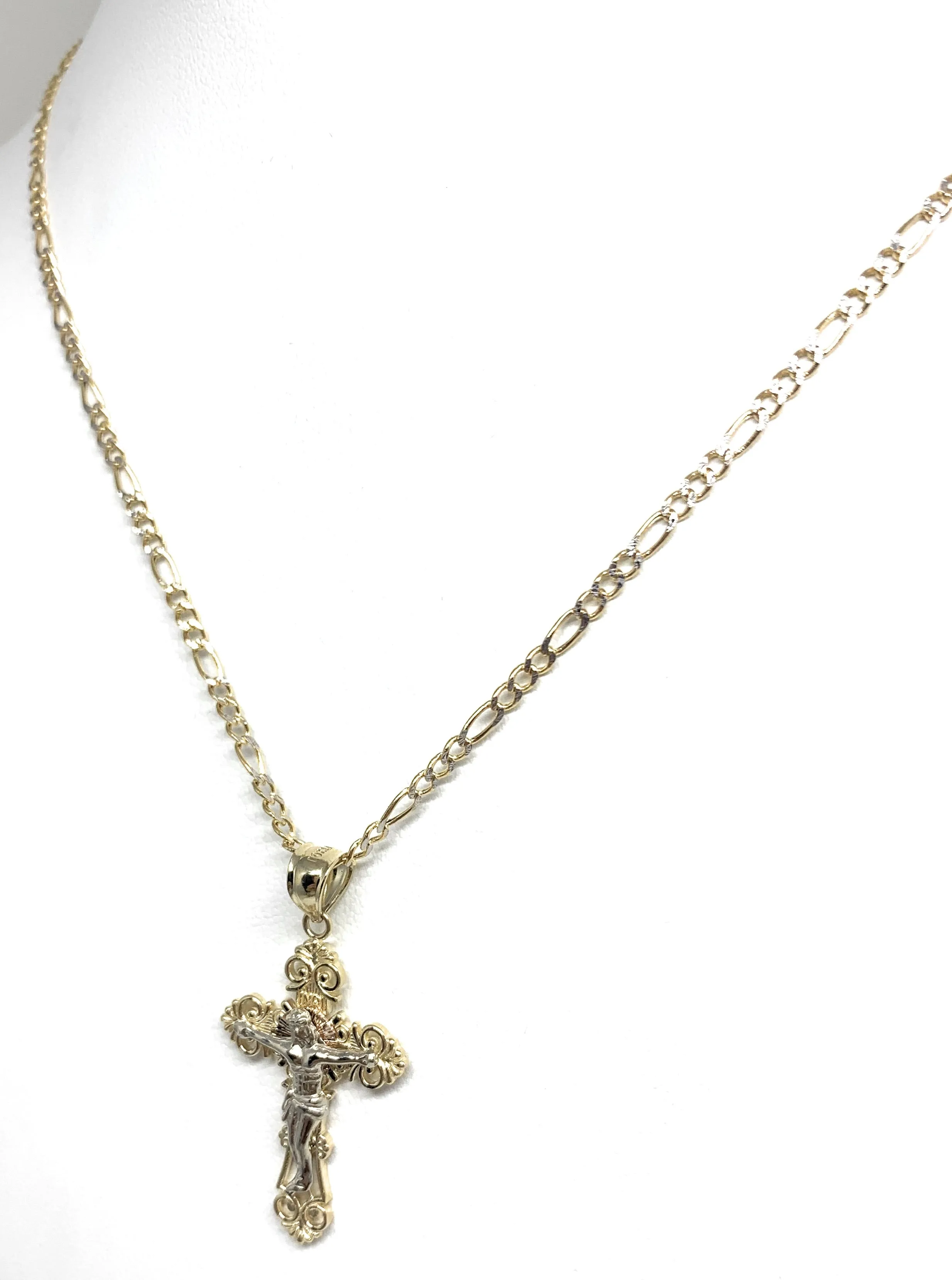 14k Solid Gold Yellow Classic 2-Tone Jesus Cross Crucifix Pendant Necklace (SM,MED,LG)