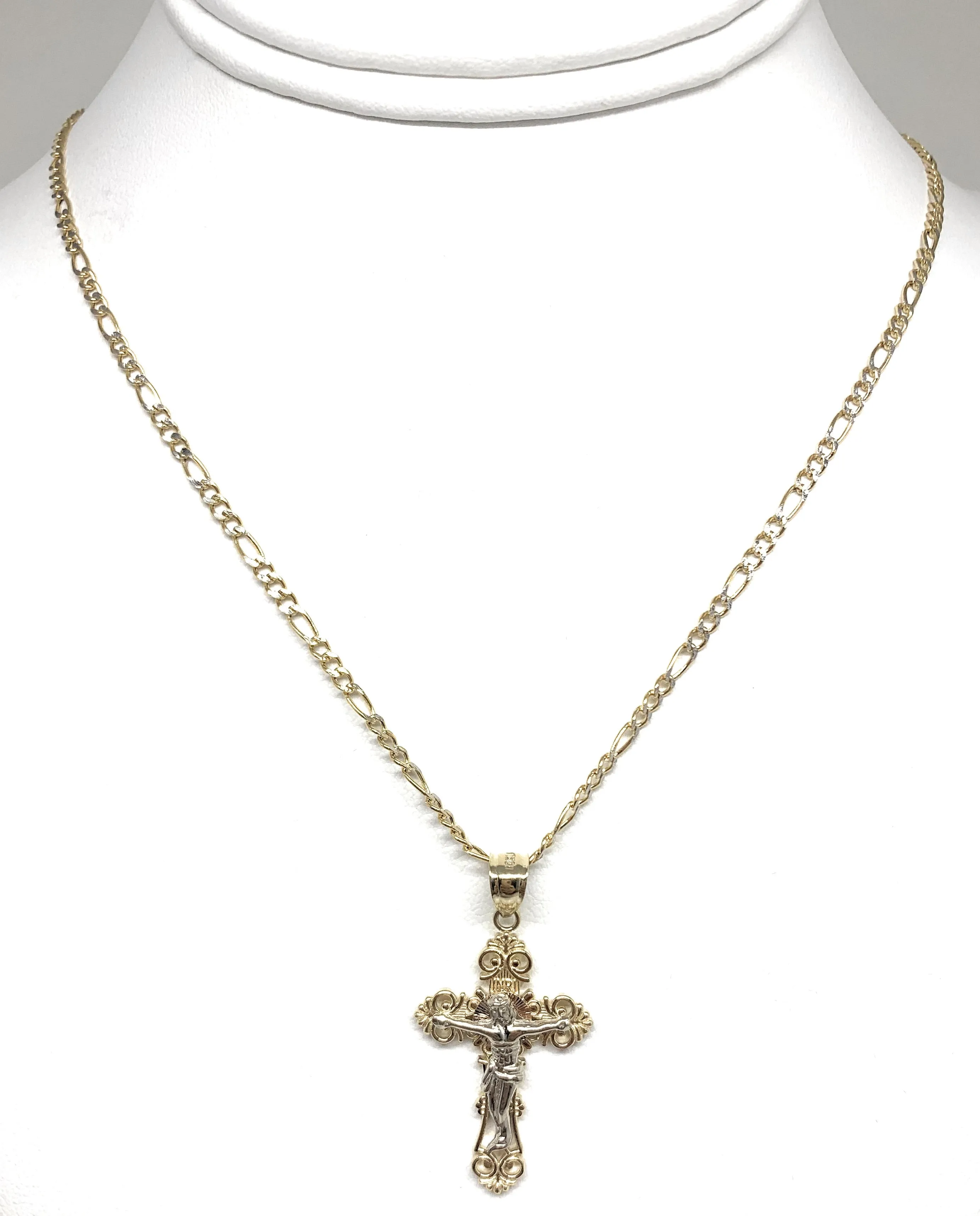 14k Solid Gold Yellow Classic 2-Tone Jesus Cross Crucifix Pendant Necklace (SM,MED,LG)