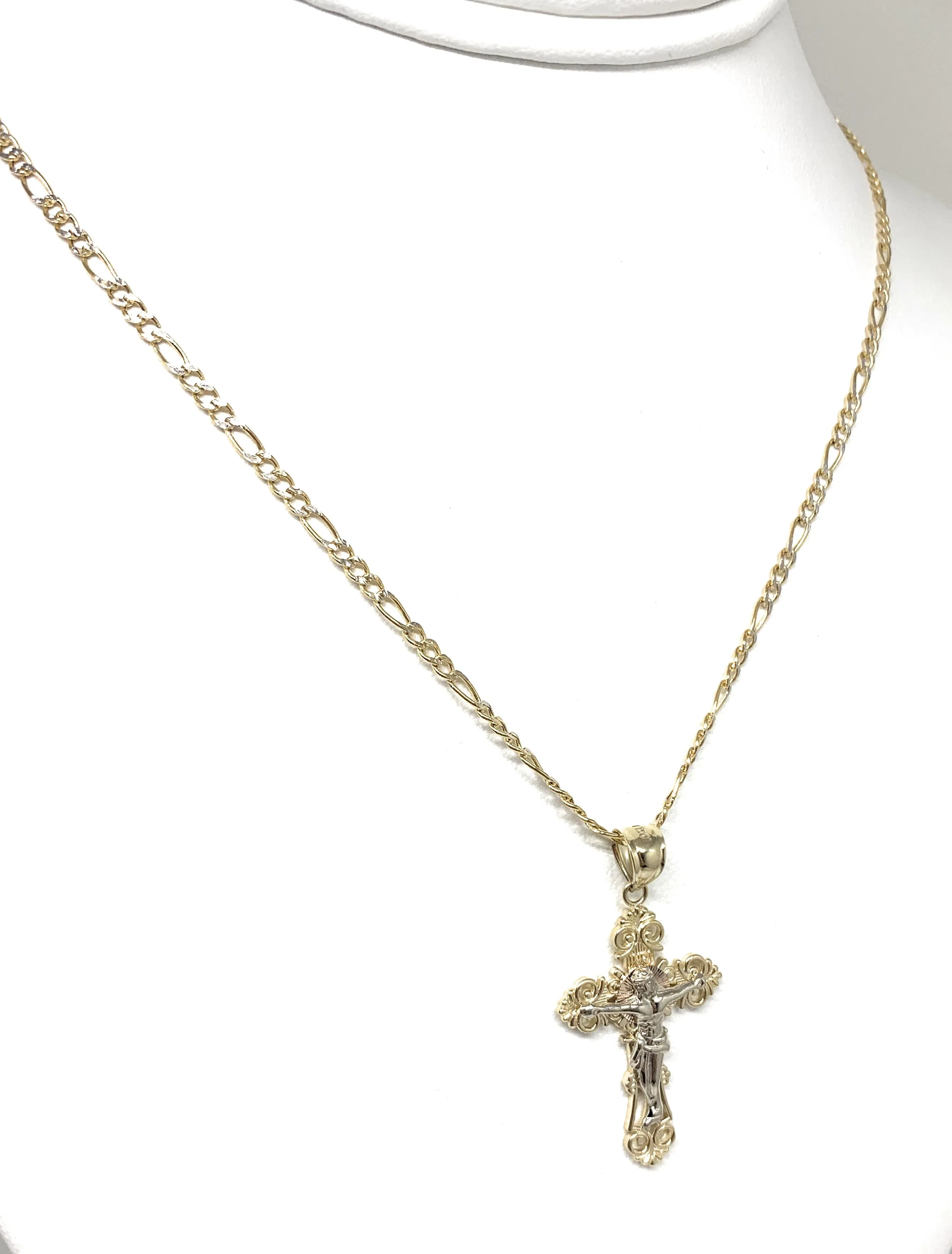 14k Solid Gold Yellow Classic 2-Tone Jesus Cross Crucifix Pendant Necklace (SM,MED,LG)