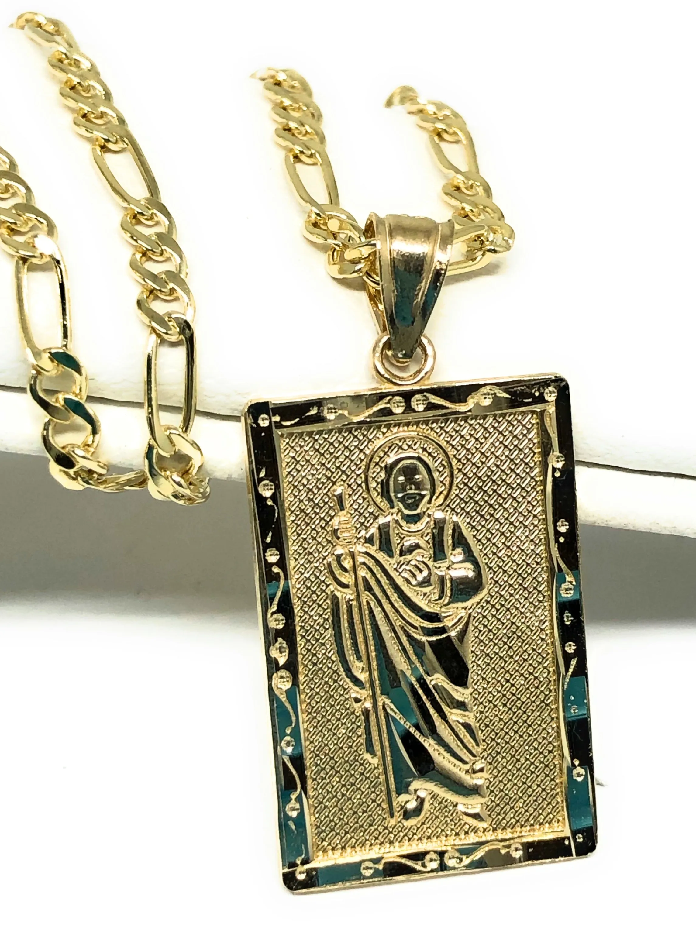 14k Solid Gold Yellow Classic Saan Judas Saaint Jude Square Pendant with Figaro Chain (SM, MED)