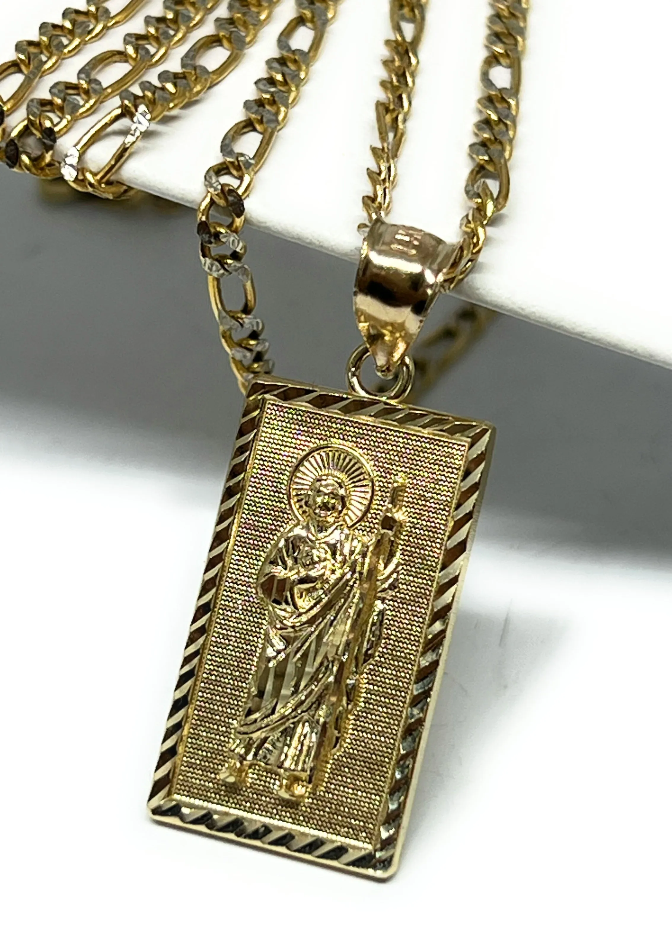 14k Solid Gold Yellow Classic Saan Judas Saaint Jude Square Pendant with Figaro Chain (SM, MED)