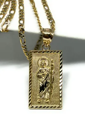 14k Solid Gold Yellow Classic Saan Judas Saaint Jude Square Pendant with Figaro Chain (SM, MED)