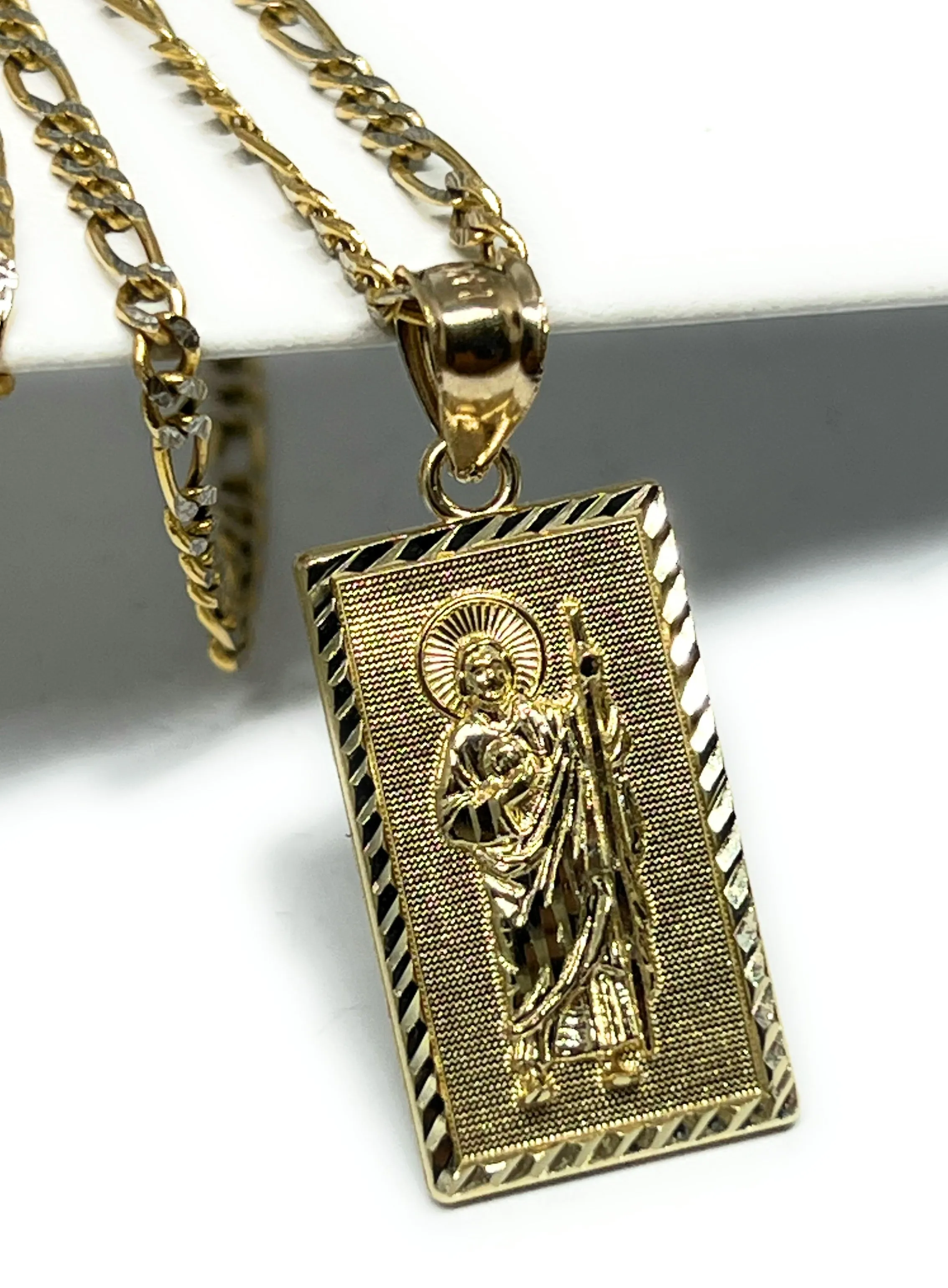 14k Solid Gold Yellow Classic Saan Judas Saaint Jude Square Pendant with Figaro Chain (SM, MED)