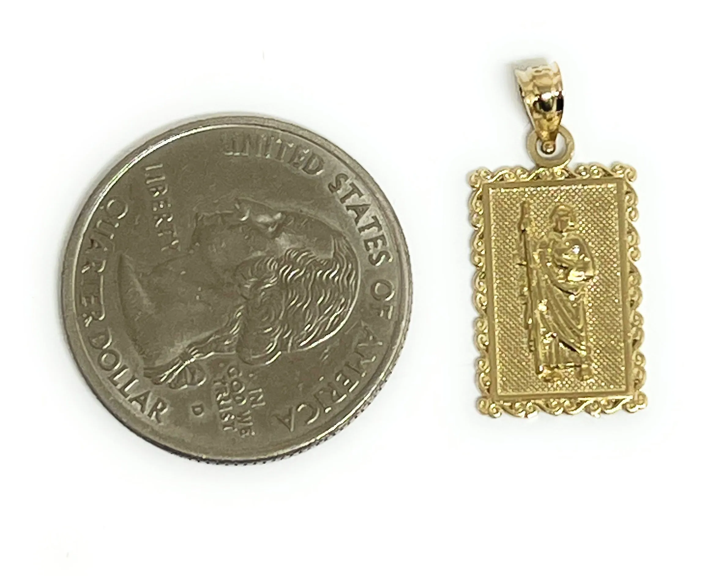 14k Solid Gold Yellow Classic Saan Judas Saaint Jude Square Pendant with Figaro Chain (SM, MED)