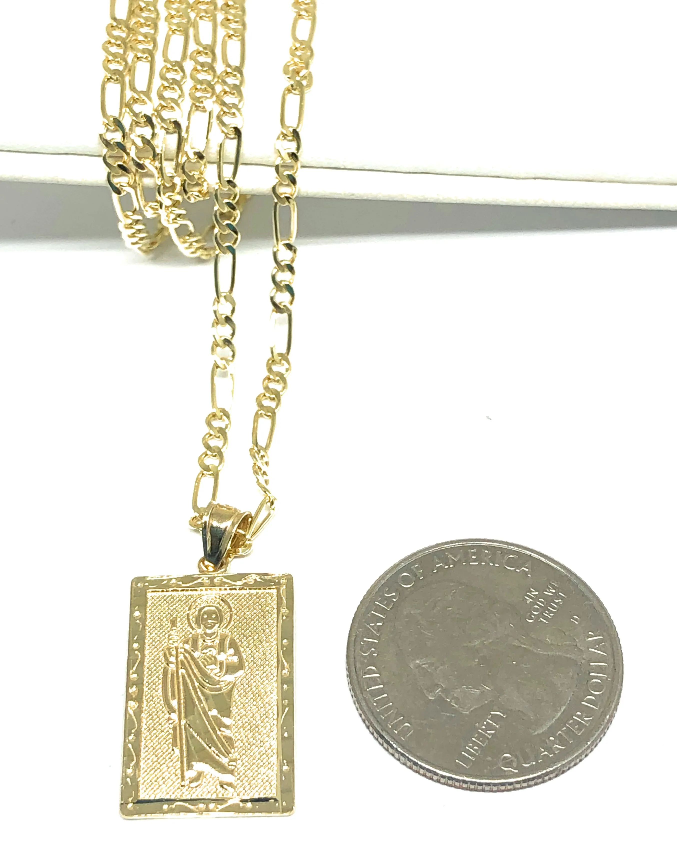 14k Solid Gold Yellow Classic Saan Judas Saaint Jude Square Pendant with Figaro Chain (SM, MED)