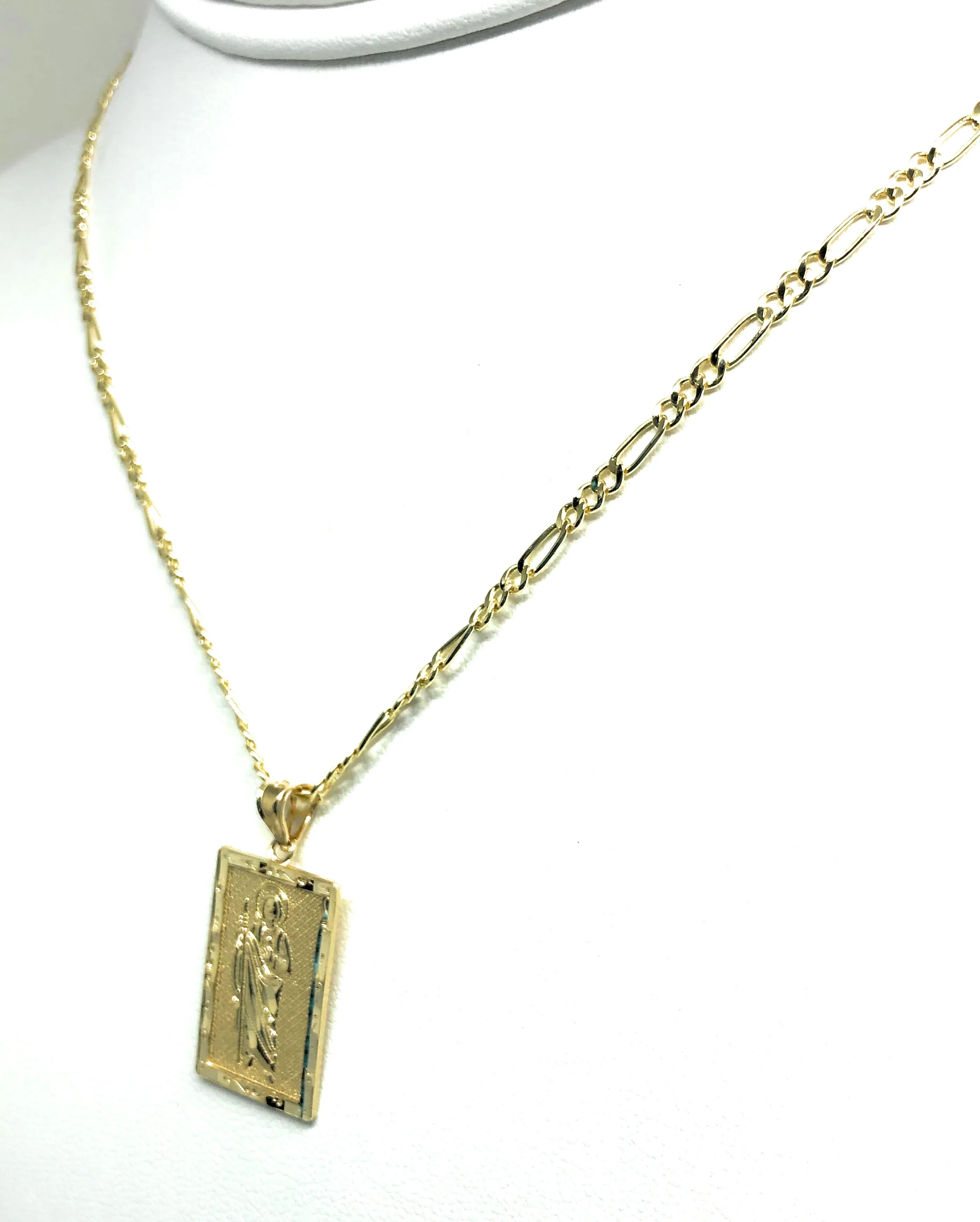 14k Solid Gold Yellow Classic Saan Judas Saaint Jude Square Pendant with Figaro Chain (SM, MED)