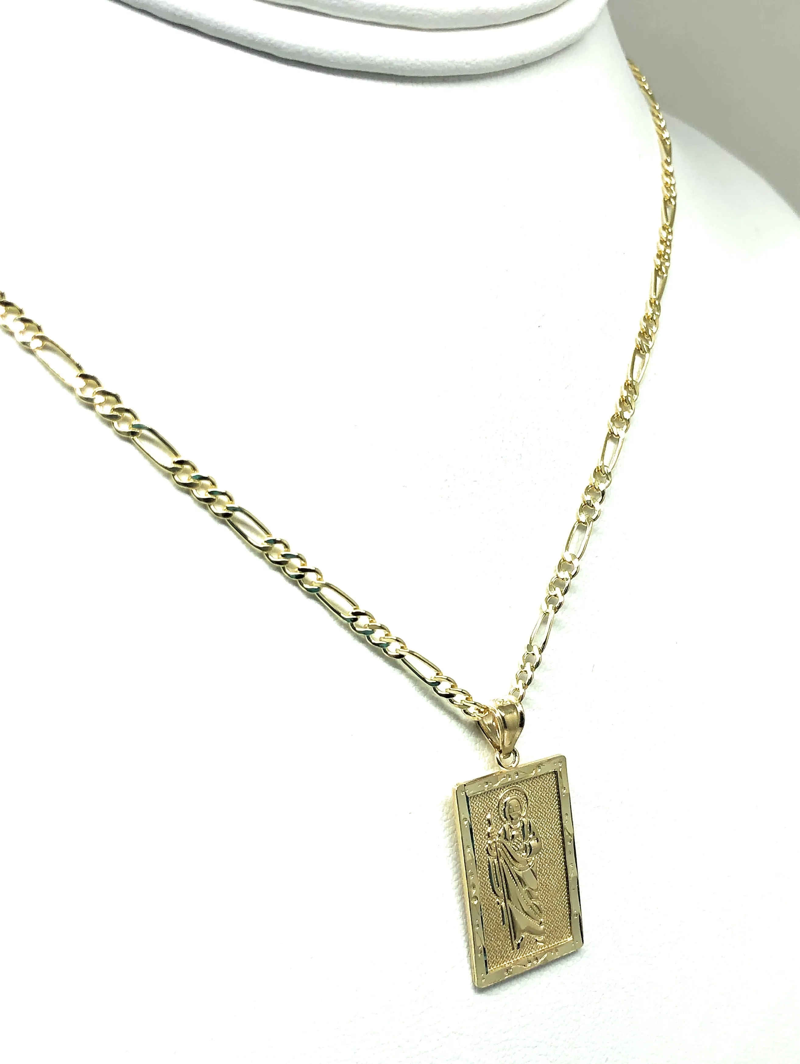 14k Solid Gold Yellow Classic Saan Judas Saaint Jude Square Pendant with Figaro Chain (SM, MED)