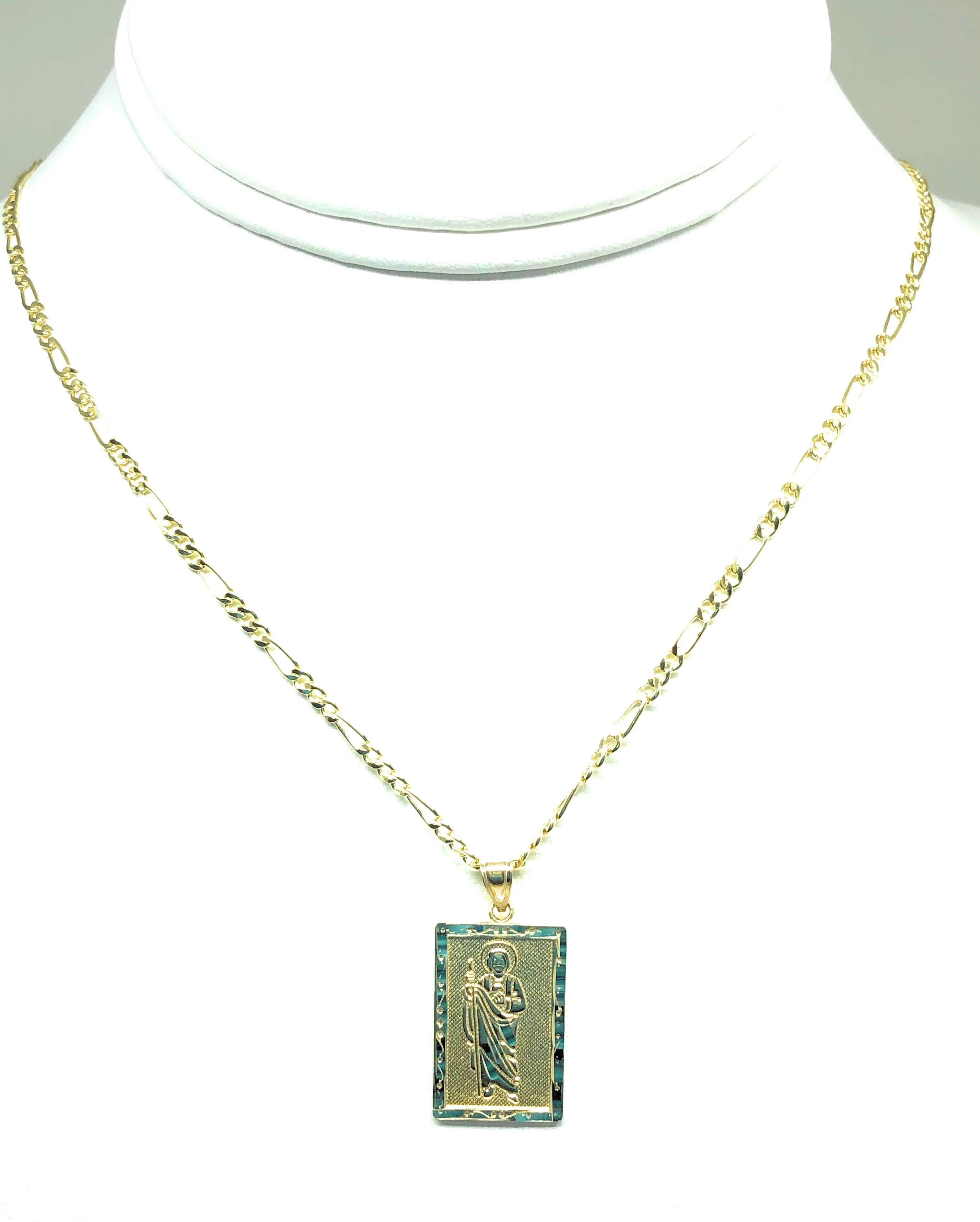 14k Solid Gold Yellow Classic Saan Judas Saaint Jude Square Pendant with Figaro Chain (SM, MED)