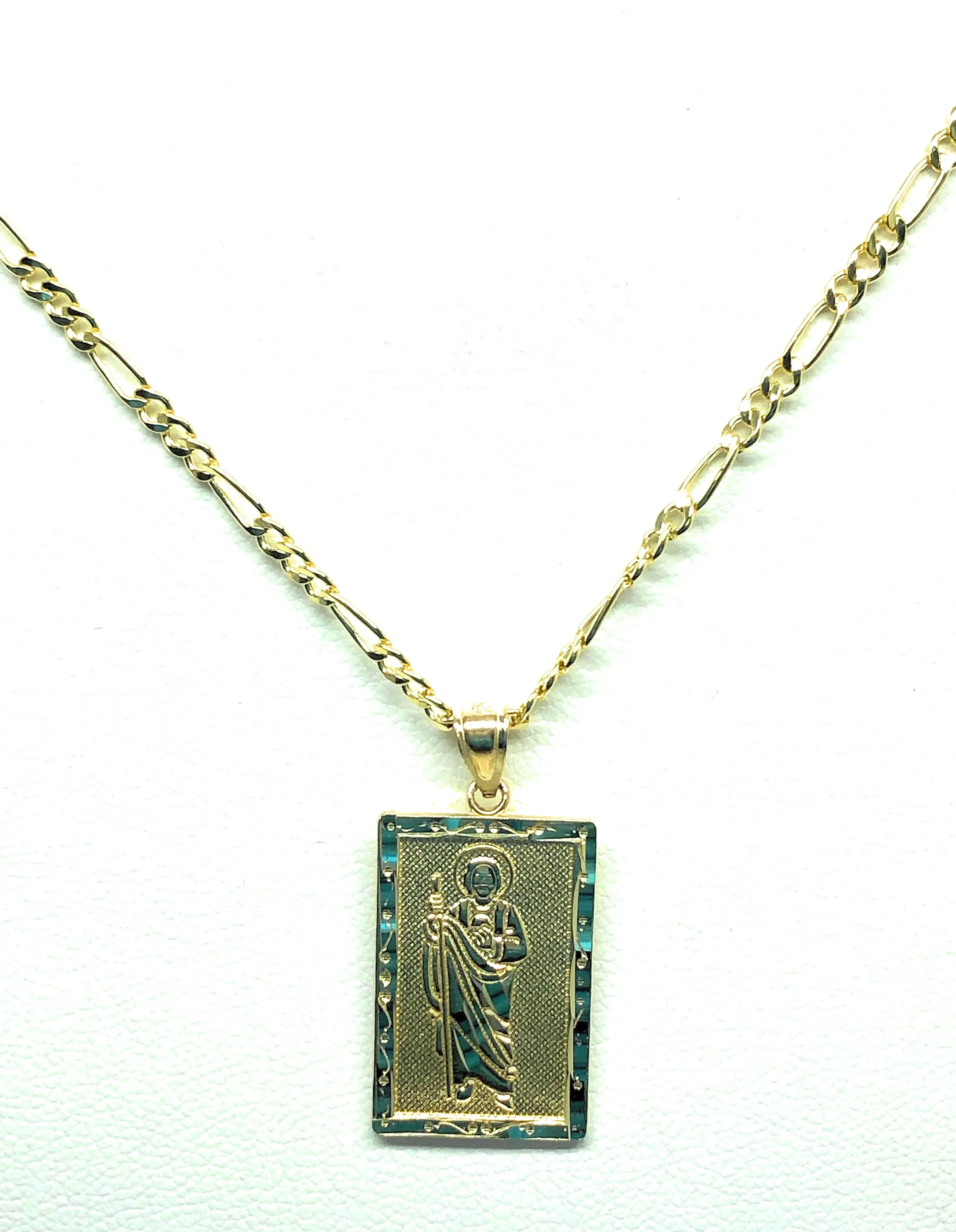 14k Solid Gold Yellow Classic Saan Judas Saaint Jude Square Pendant with Figaro Chain (SM, MED)