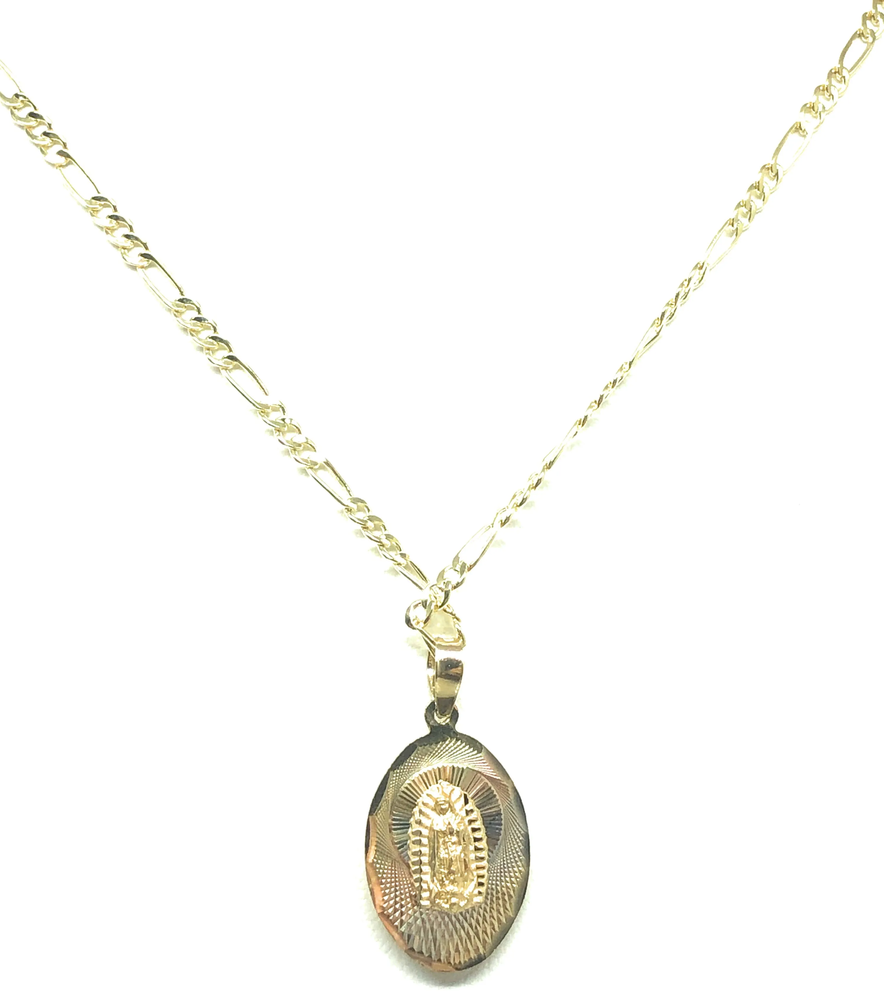 14k Solid Gold Yellow Gold Jesus Sagrado Corazon & Virrgin Mary Double Sided Pendant Necklace Figaro Chain (SM,MED,LG)