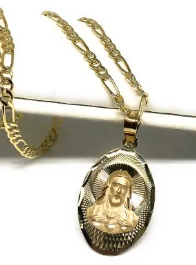 14k Solid Gold Yellow Gold Jesus Sagrado Corazon & Virrgin Mary Double Sided Pendant Necklace Figaro Chain (SM,MED,LG)