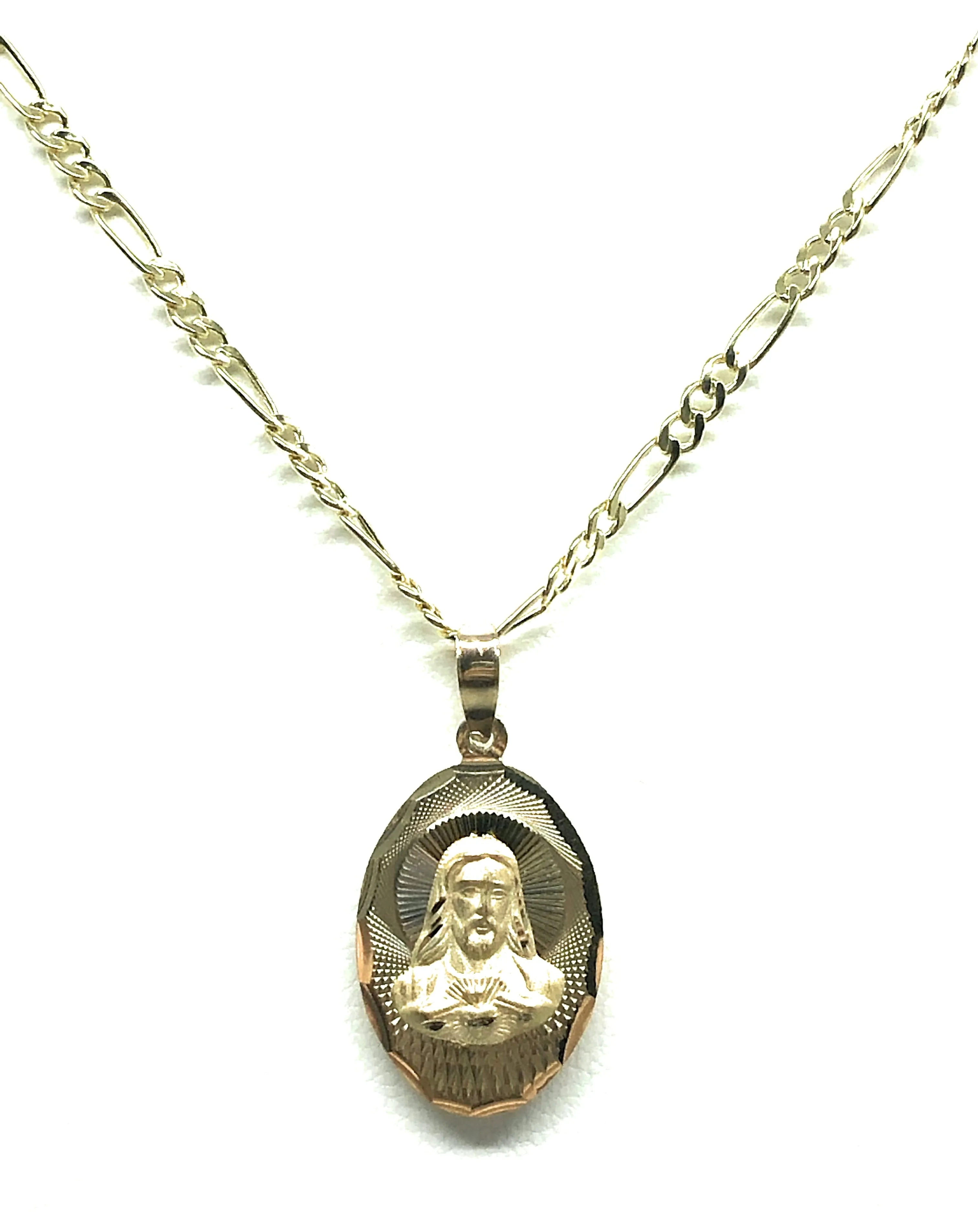 14k Solid Gold Yellow Gold Jesus Sagrado Corazon & Virrgin Mary Double Sided Pendant Necklace Figaro Chain (SM,MED,LG)