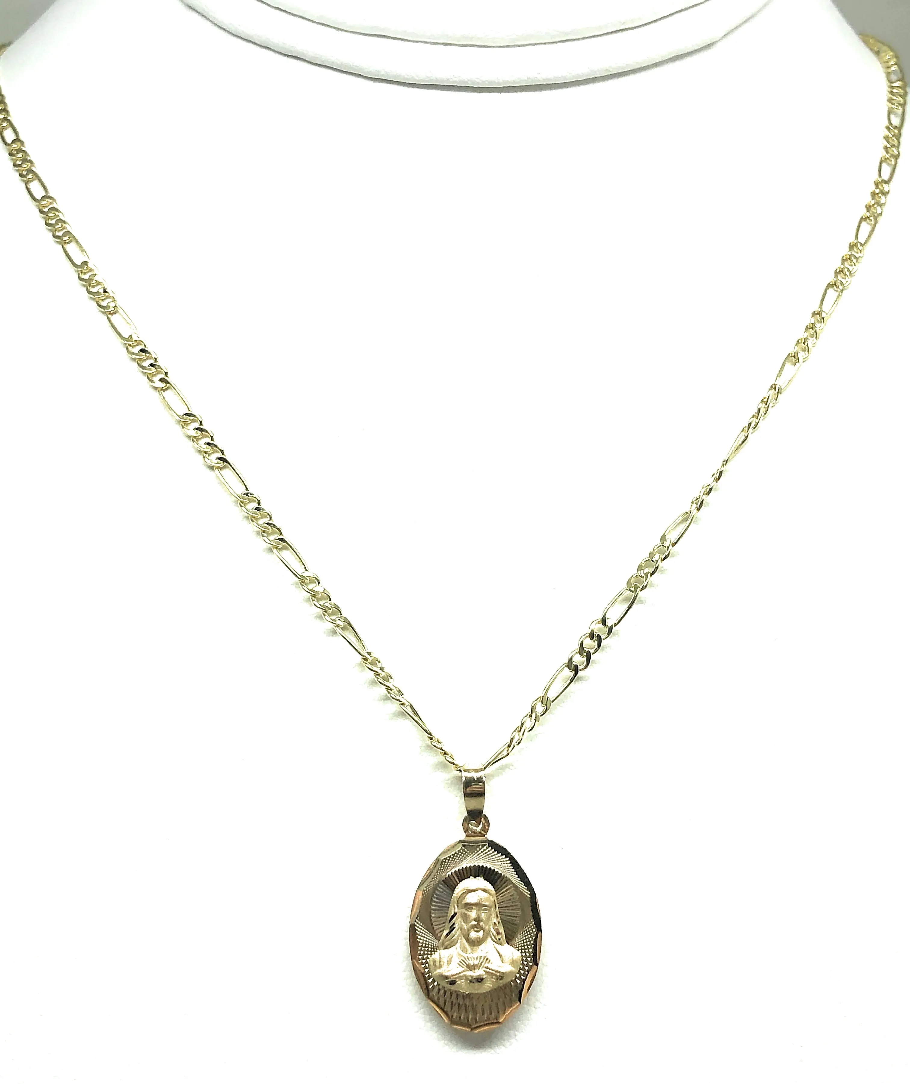 14k Solid Gold Yellow Gold Jesus Sagrado Corazon & Virrgin Mary Double Sided Pendant Necklace Figaro Chain (SM,MED,LG)