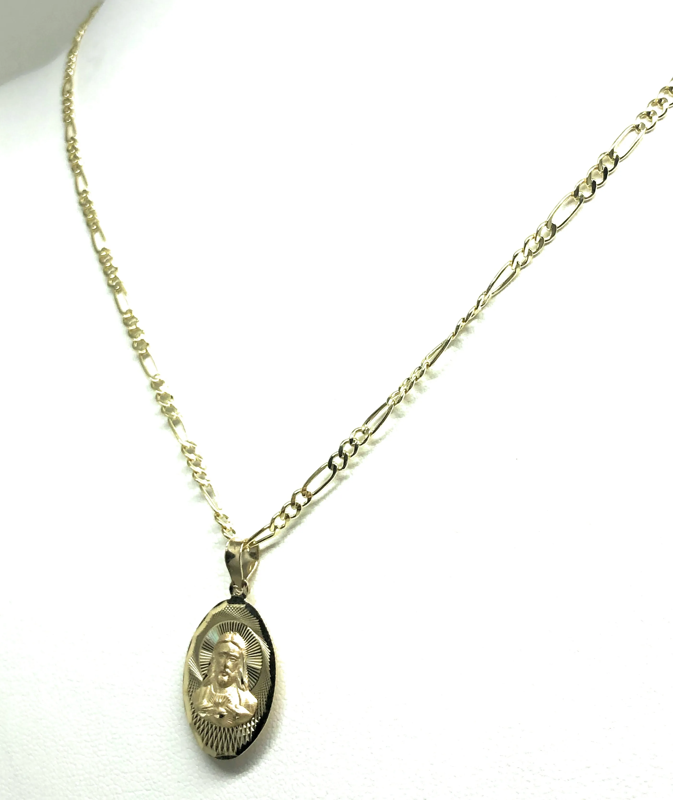 14k Solid Gold Yellow Gold Jesus Sagrado Corazon & Virrgin Mary Double Sided Pendant Necklace Figaro Chain (SM,MED,LG)