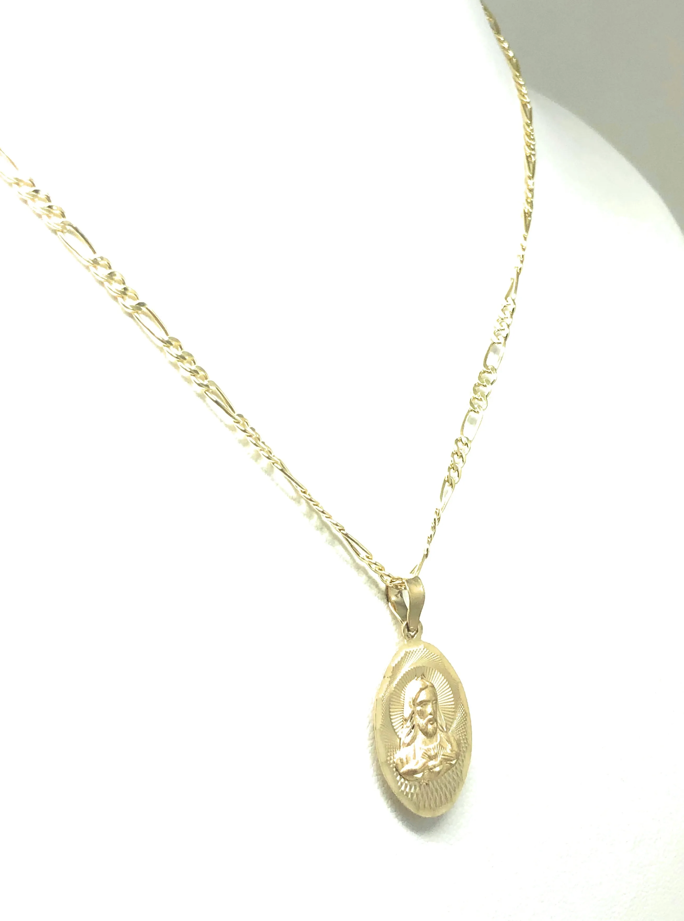 14k Solid Gold Yellow Gold Jesus Sagrado Corazon & Virrgin Mary Double Sided Pendant Necklace Figaro Chain (SM,MED,LG)