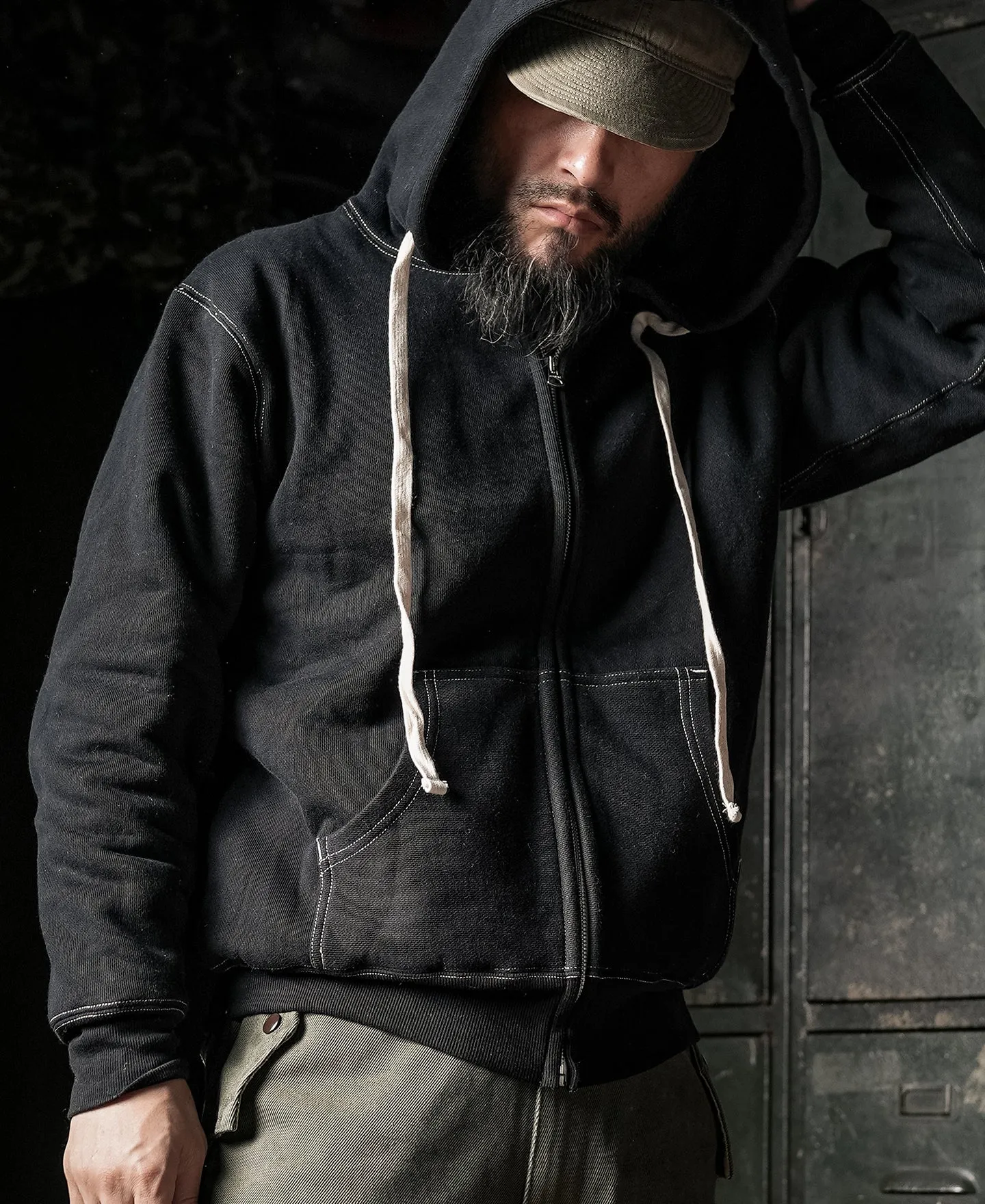 1950s Wind Shield Full-Zip Thermal Hoodie - Black