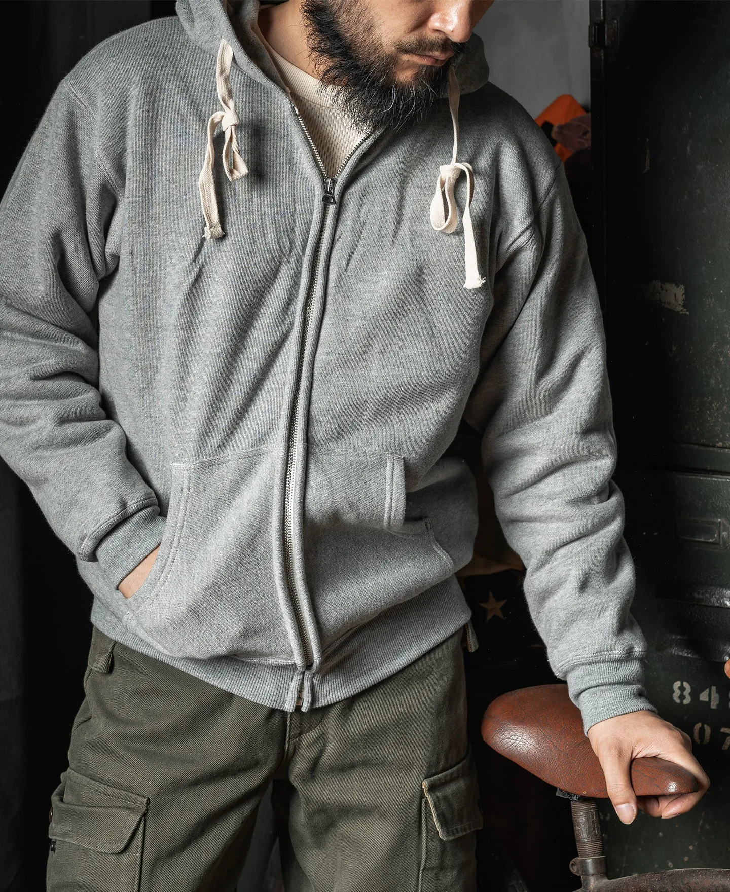 1950s Wind Shield Full-Zip Thermal Hoodie - Gray