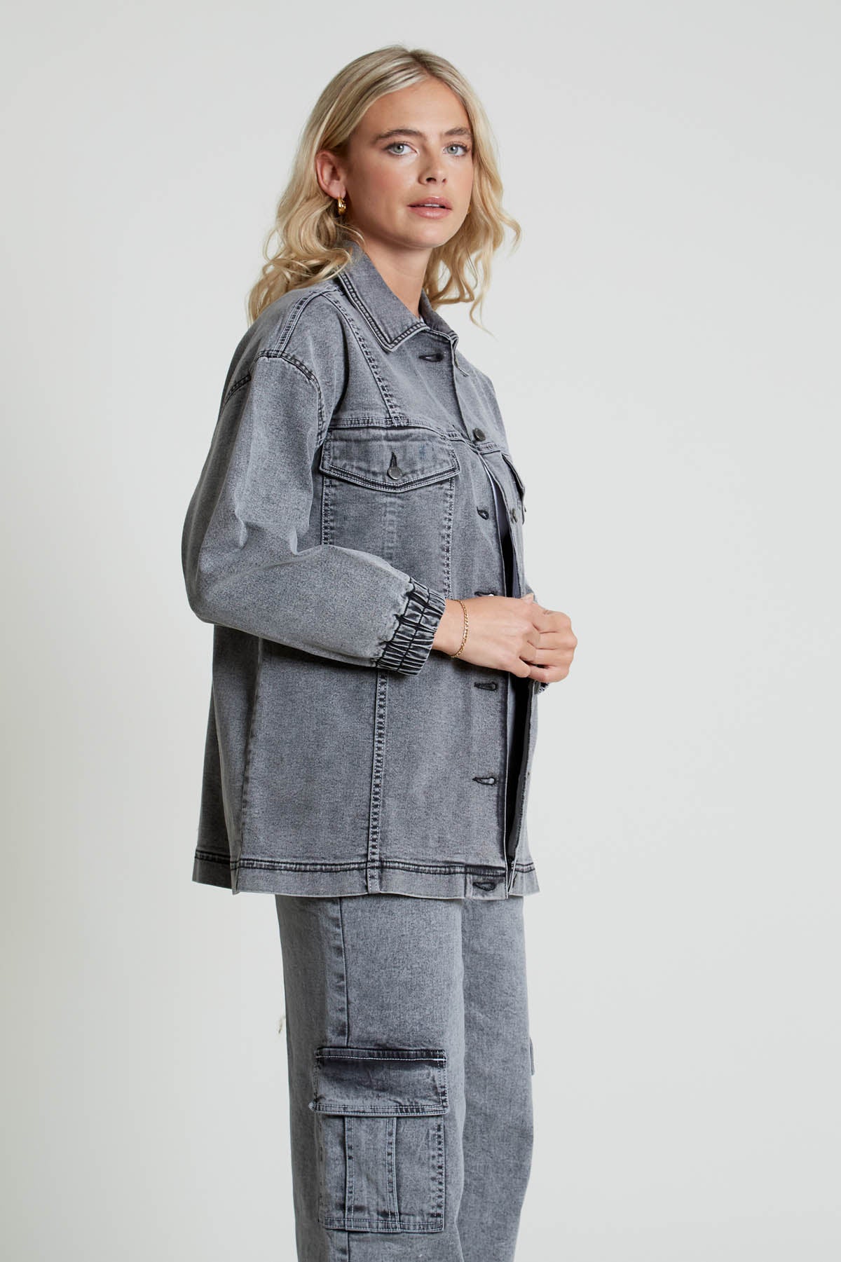 ACIALA ACID WASH DENIM JACKET WITH SEAMING DETAIL