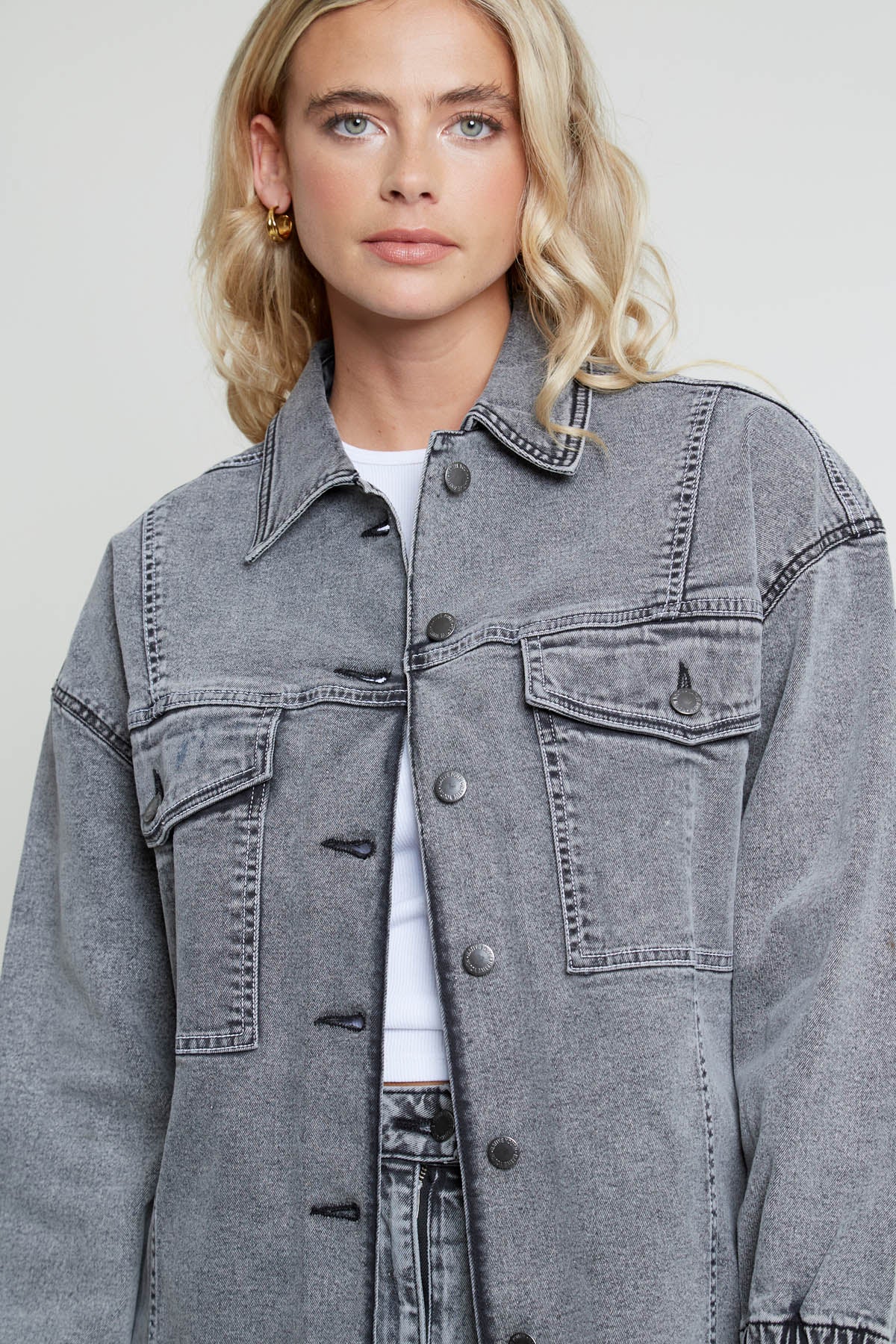 ACIALA ACID WASH DENIM JACKET WITH SEAMING DETAIL