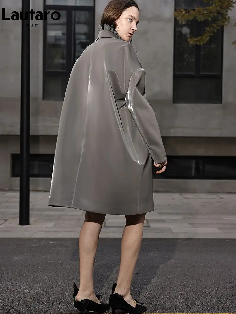 Ashore Leisure Shop Spring Autumn Oversized Cool Grey Shiny Patent Leather Cocoon Coat Women Luxury Designer Clothing Runway Fas