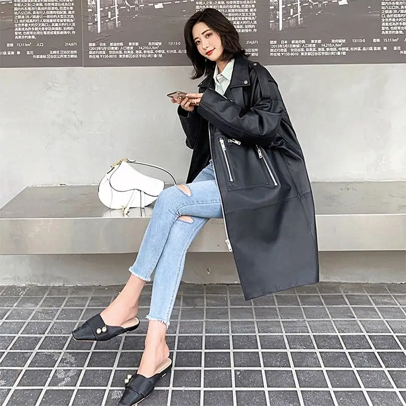 Ashore Shop  Autumn Oversized Black Long Womens Leather Biker Jacket Long Sleeve Spring Loose Faux Leather Coat Streetwear 2022