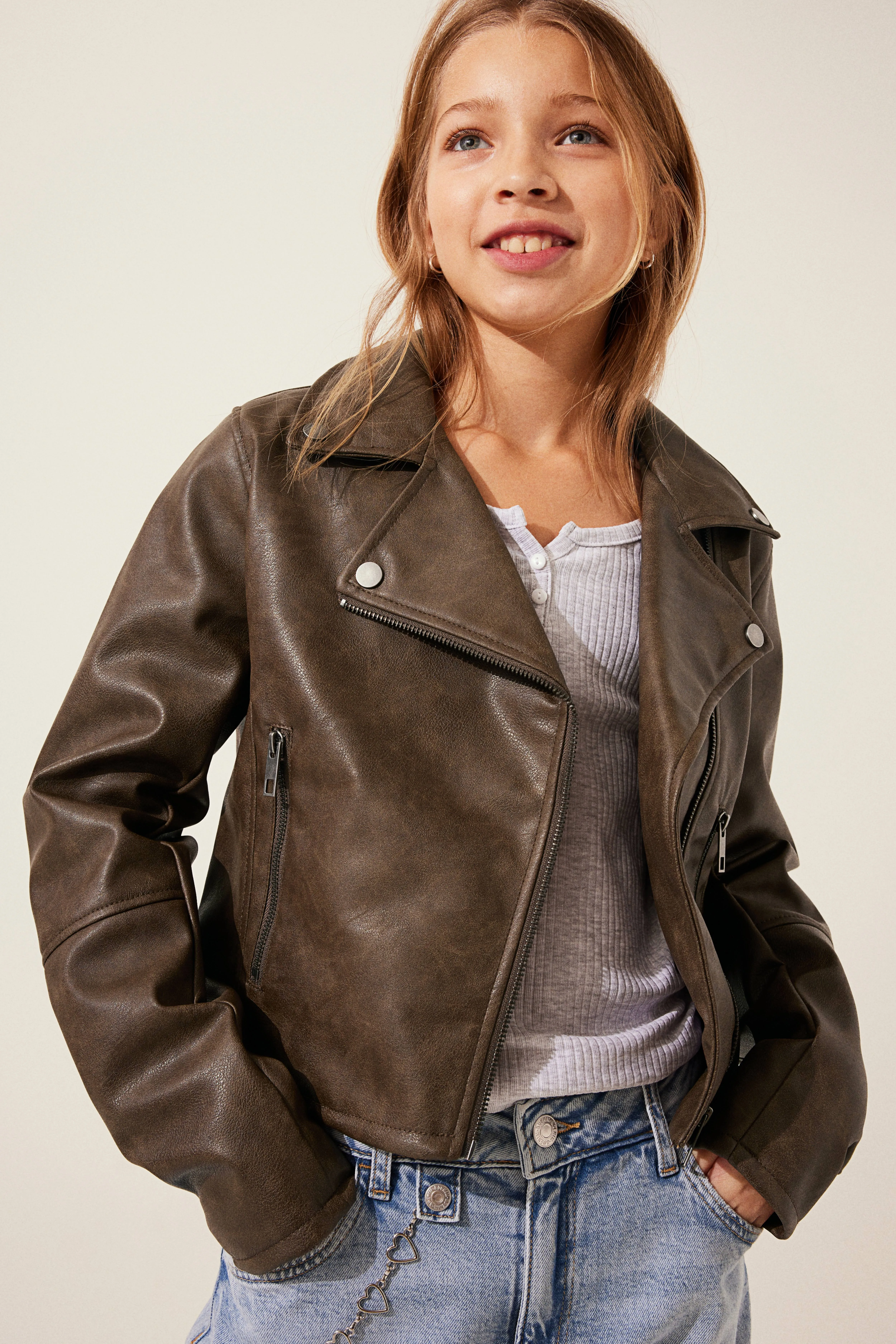 Biker jacket - Long sleeve - Short - Dark mole - Kids | H&M GB