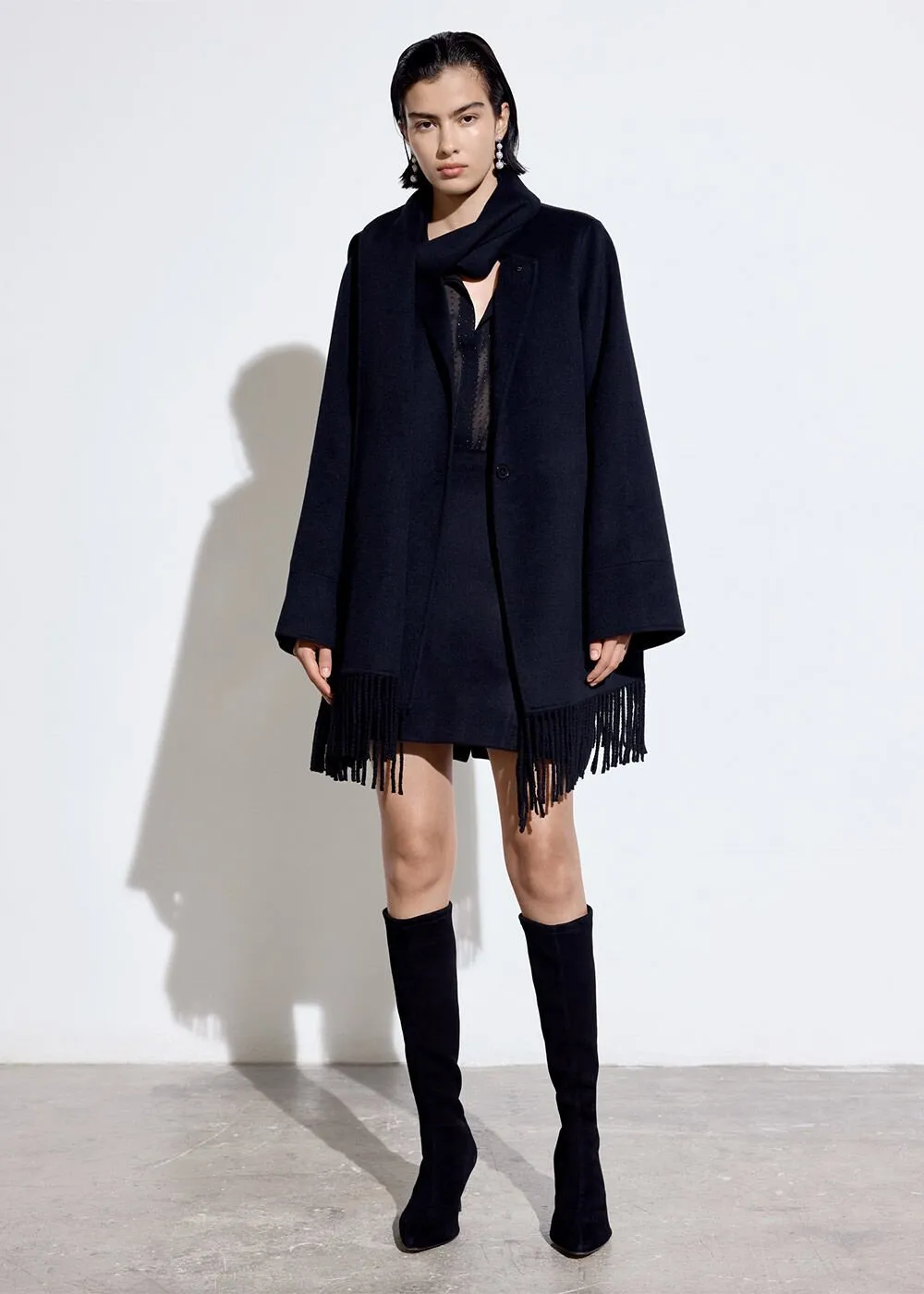 Black Double Face Wool Fringe Coat