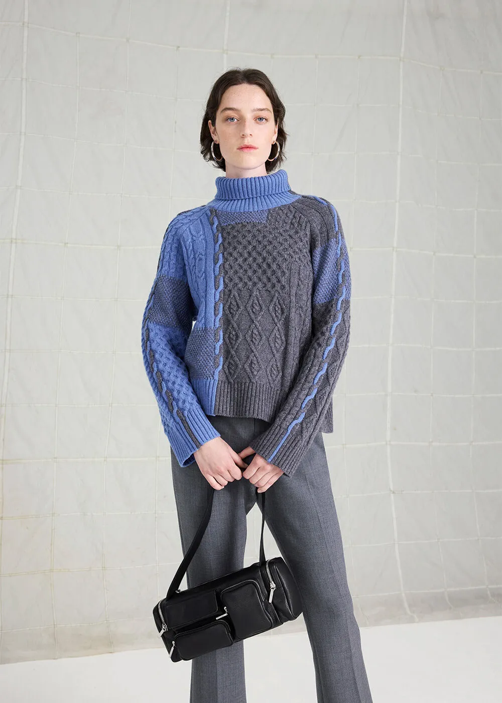 Blue Patchwork Cable Knit Sweater