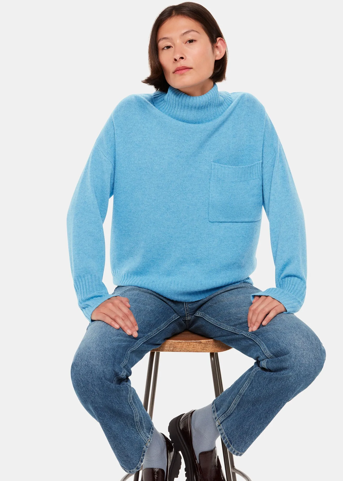 Blue Wool Roll Neck Pocket Sweater