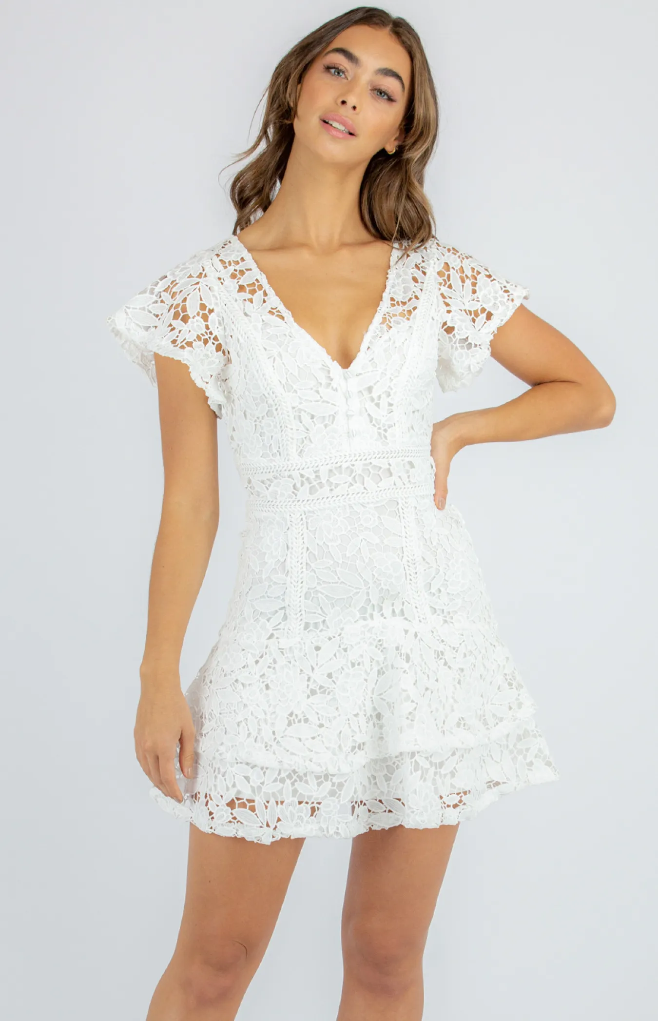 Butterfly Sleeve Lace Dress with Intricate Trim Detail and Layered Hem (SDR703B)