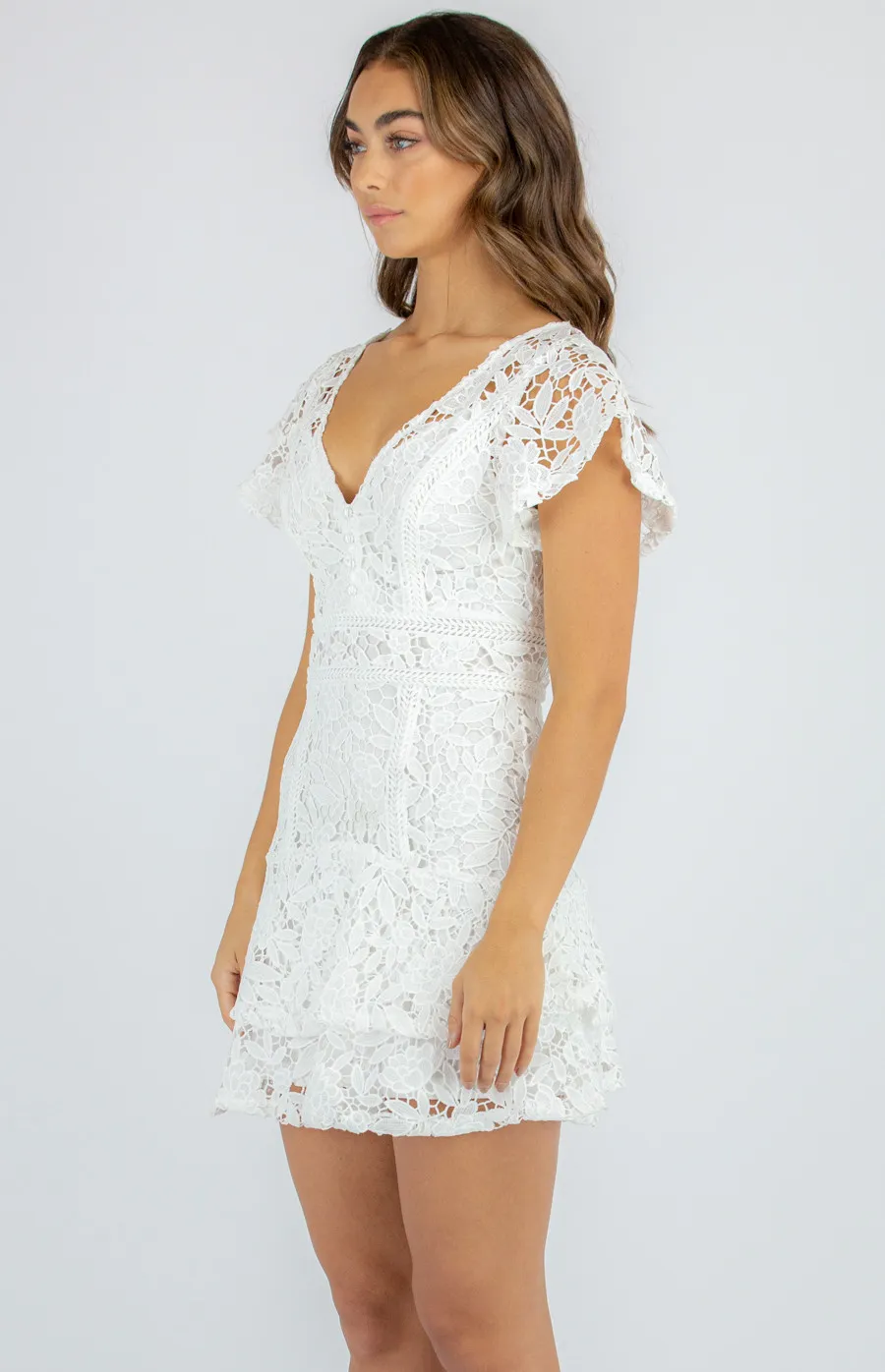 Butterfly Sleeve Lace Dress with Intricate Trim Detail and Layered Hem (SDR703B)