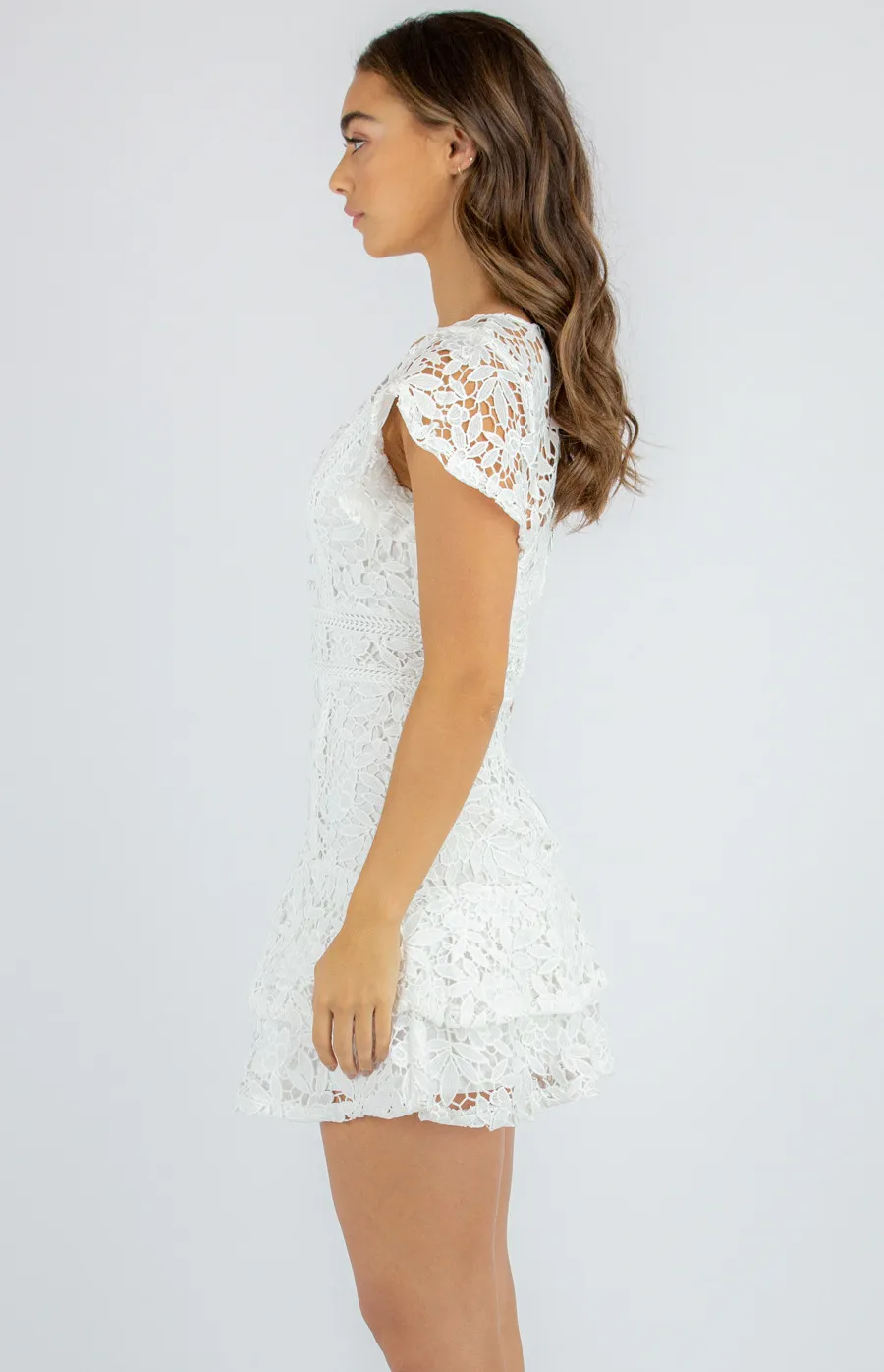 Butterfly Sleeve Lace Dress with Intricate Trim Detail and Layered Hem (SDR703B)