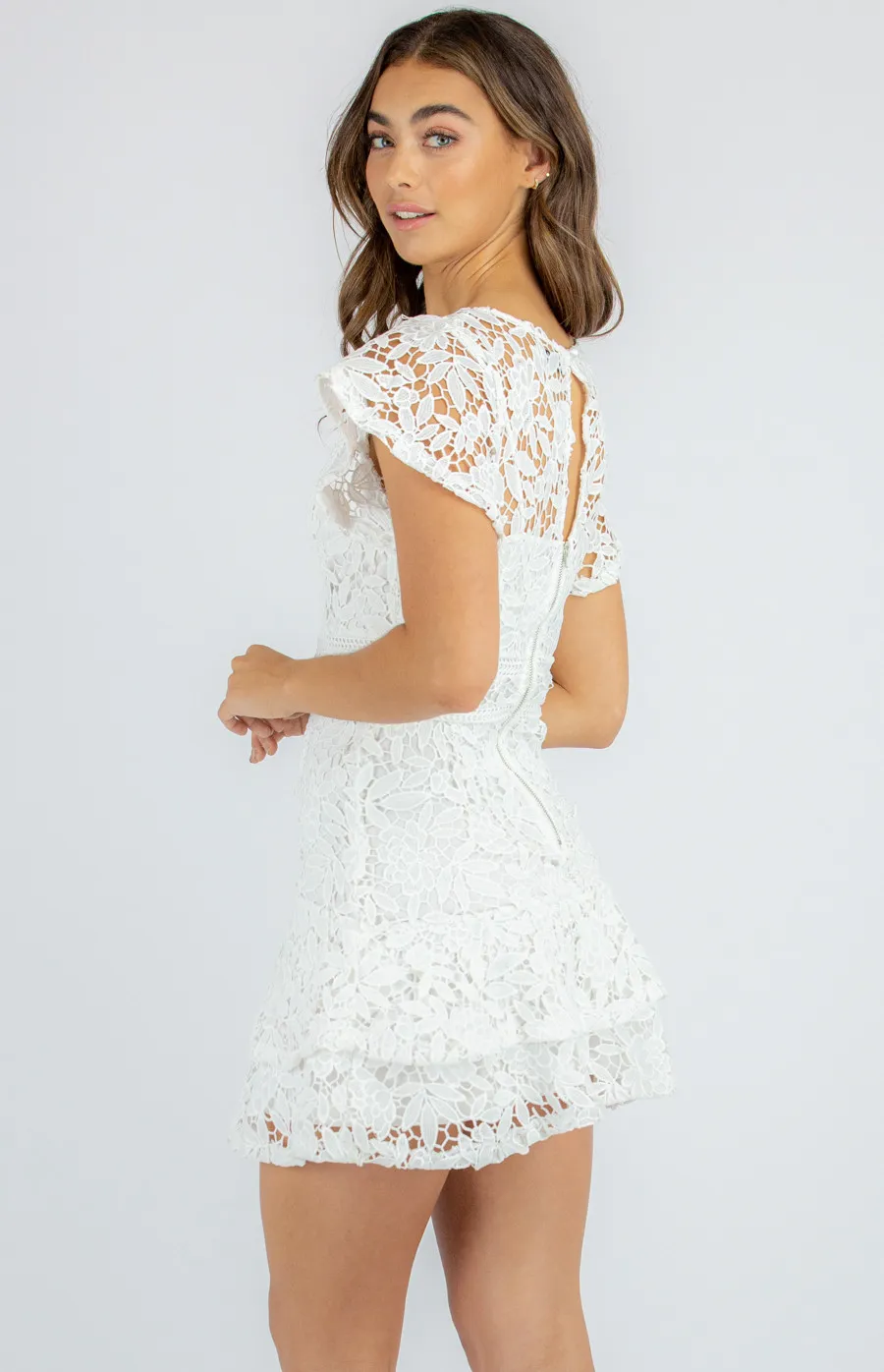 Butterfly Sleeve Lace Dress with Intricate Trim Detail and Layered Hem (SDR703B)