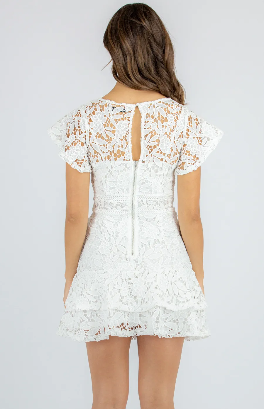 Butterfly Sleeve Lace Dress with Intricate Trim Detail and Layered Hem (SDR703B)