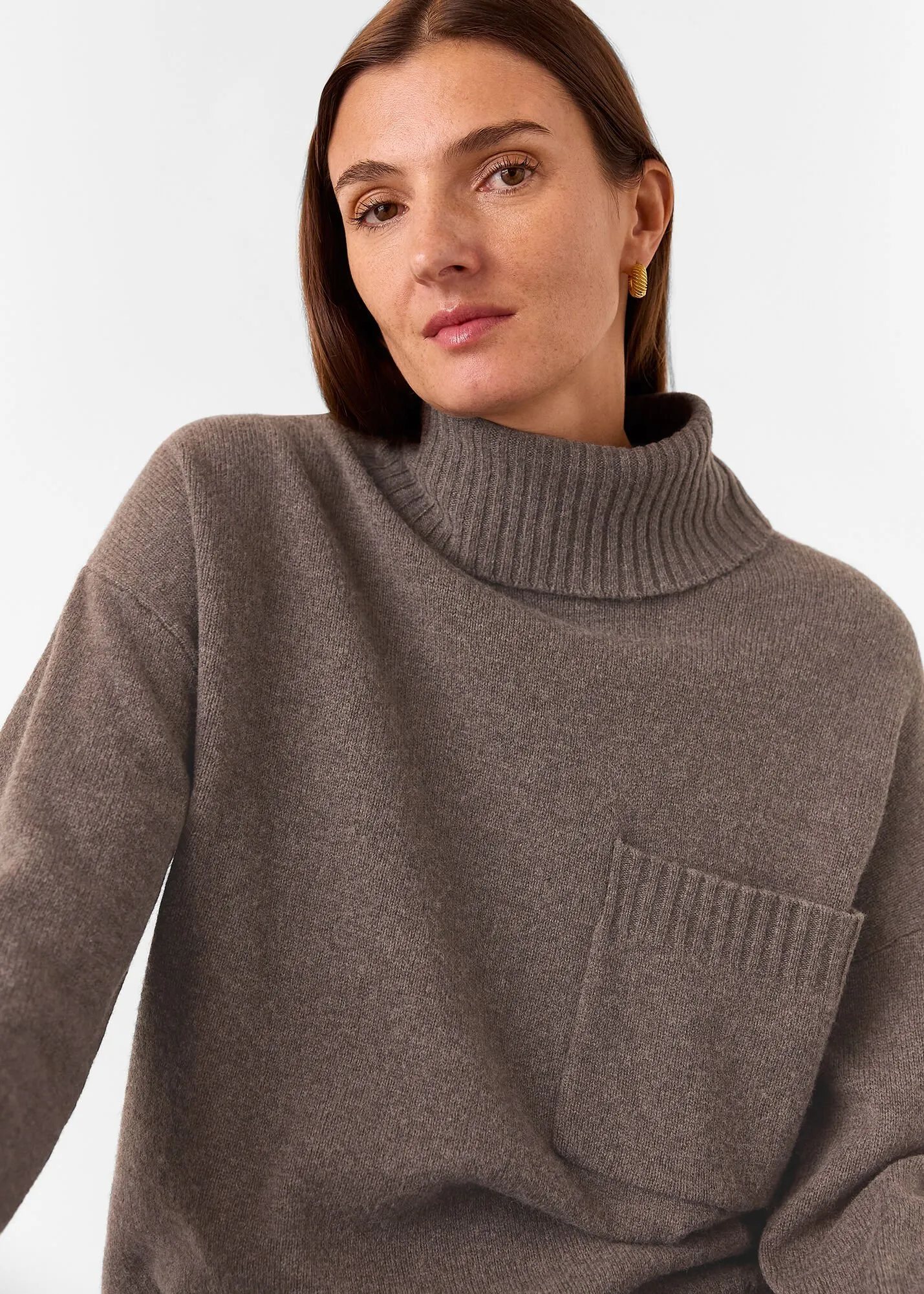 Chocolate Wool Roll Neck Pocket Sweater