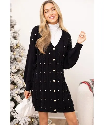 Cupshe Black Beaded Long Sleeve Belted Sweater Dress