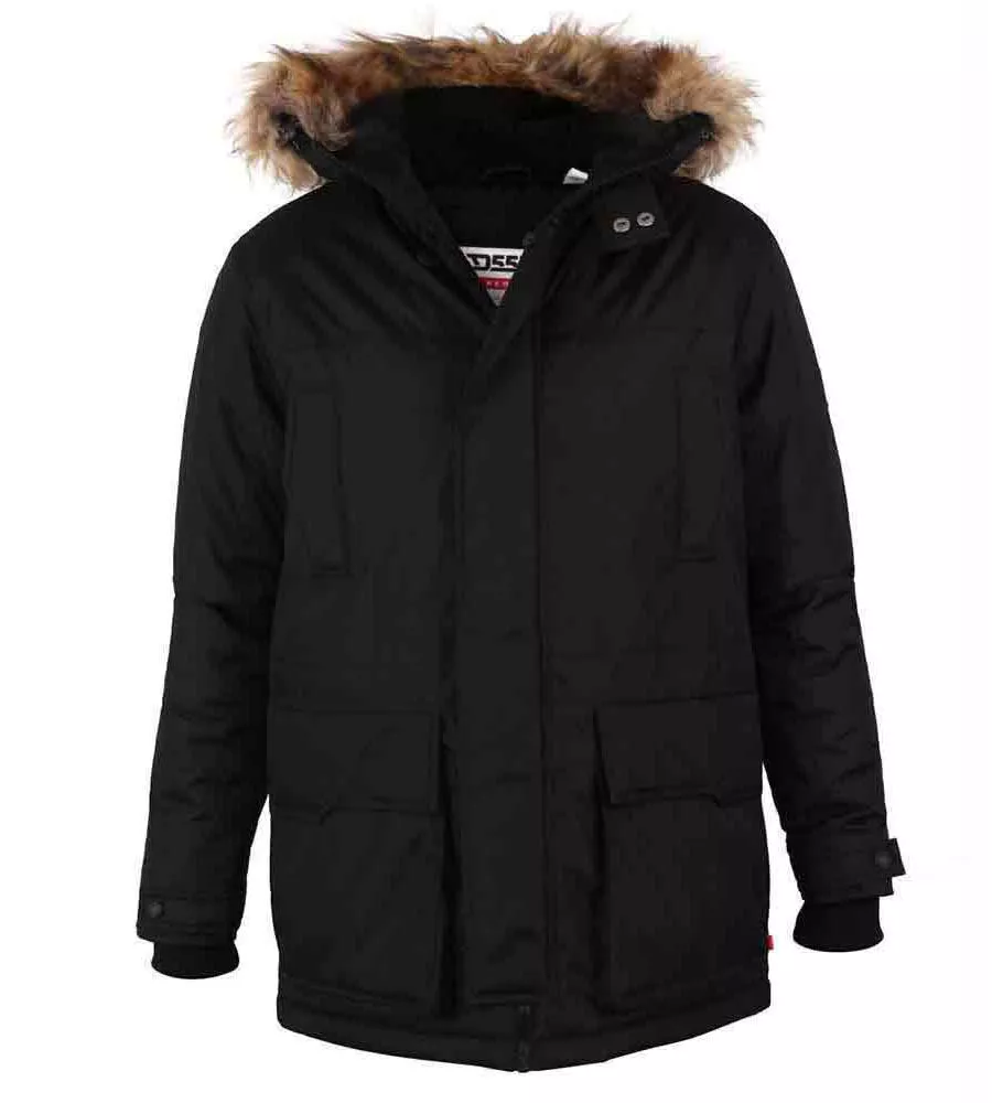 D555 Big Mens Black Parka Style Jacket With Detachable Fur Trim (LOVETT BLACK)