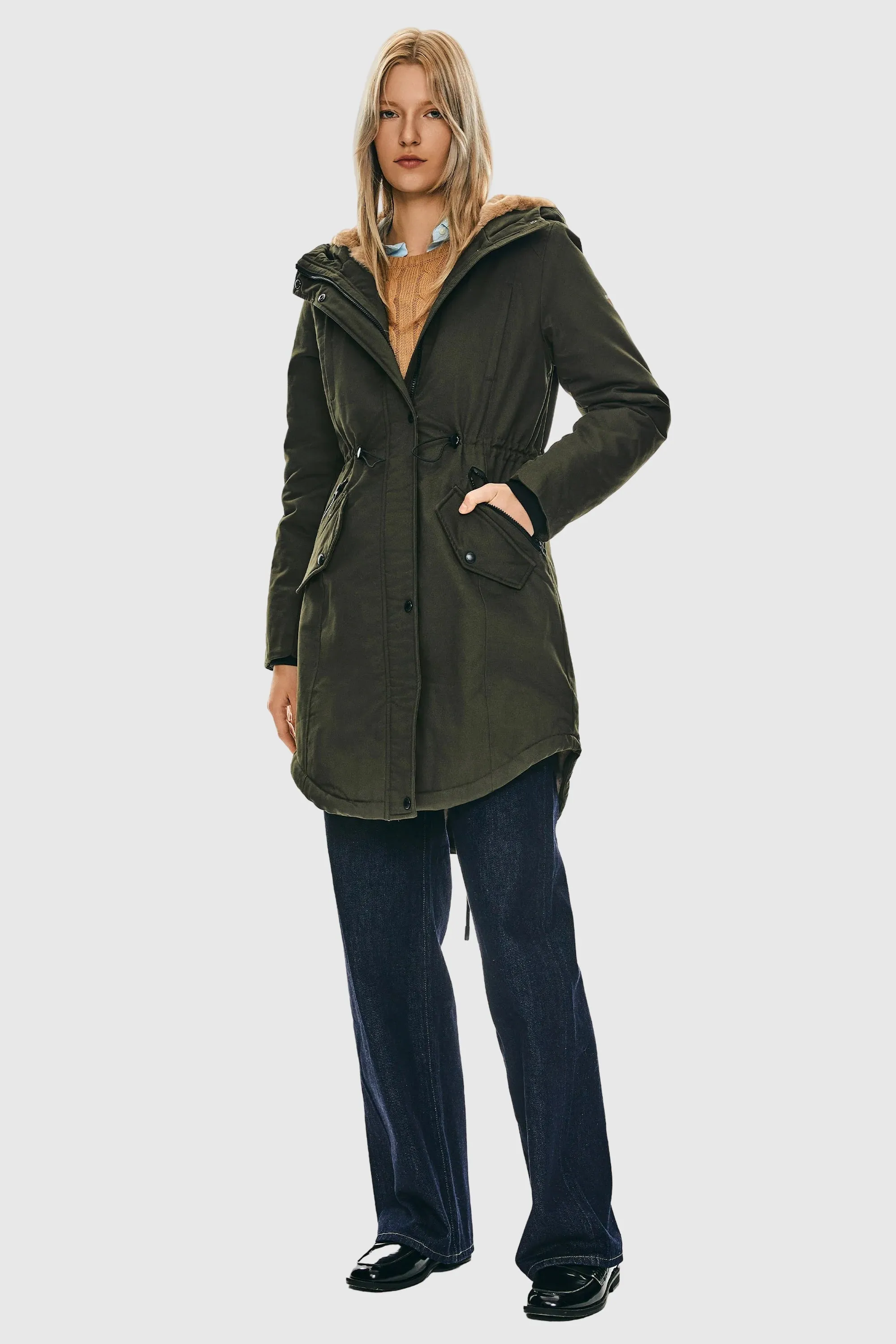 Drawstring Waist Fleece-Lined Parka