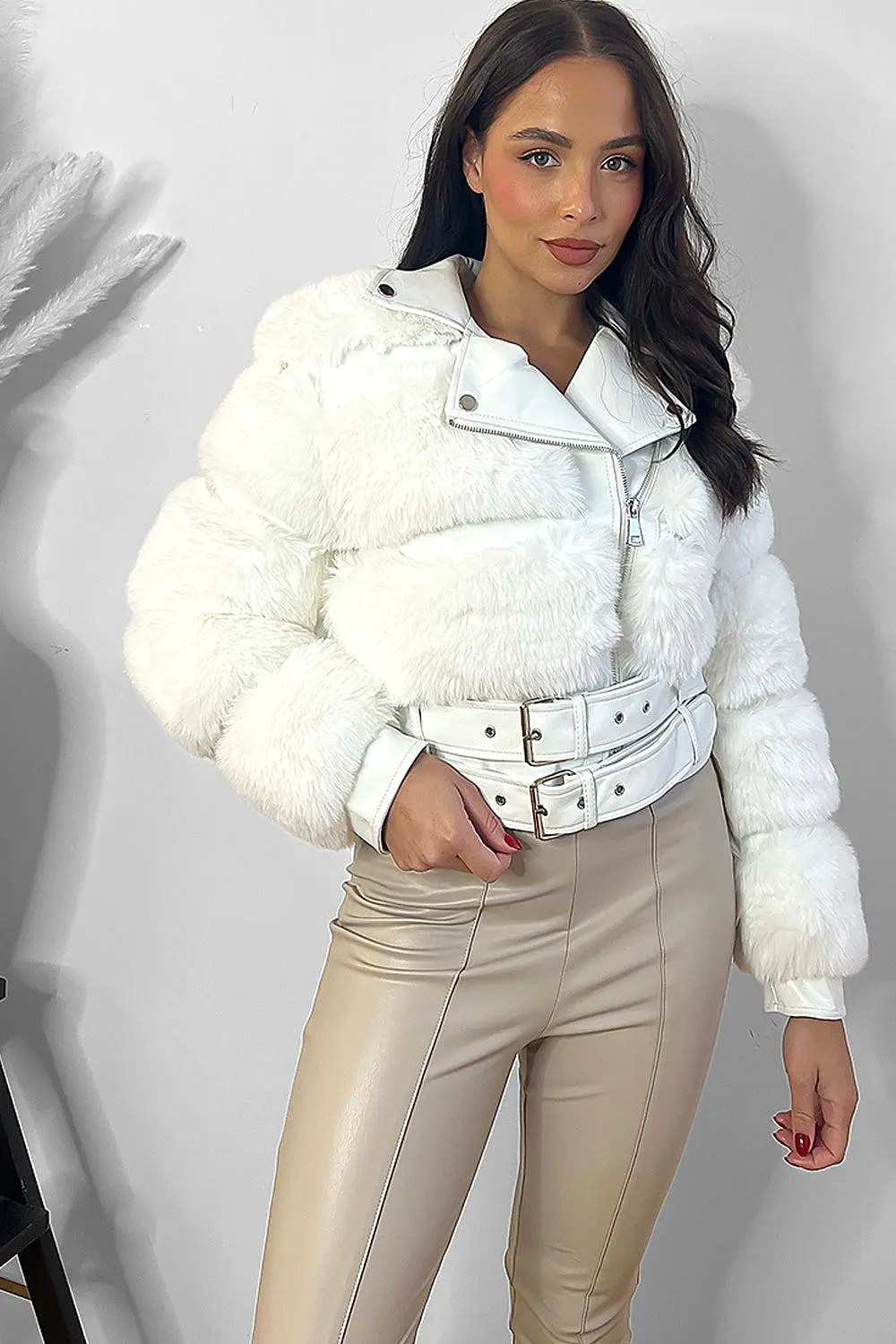 Faux Fur And Vegan Leather Double Belt Biker Jacket