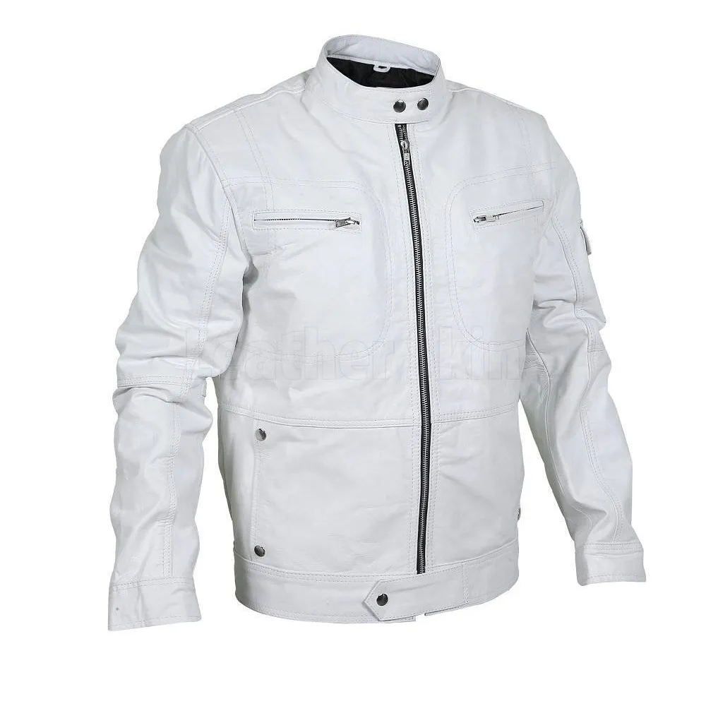 Flawless White Bomber Leather Racer Jacket - Leather Skin Shop