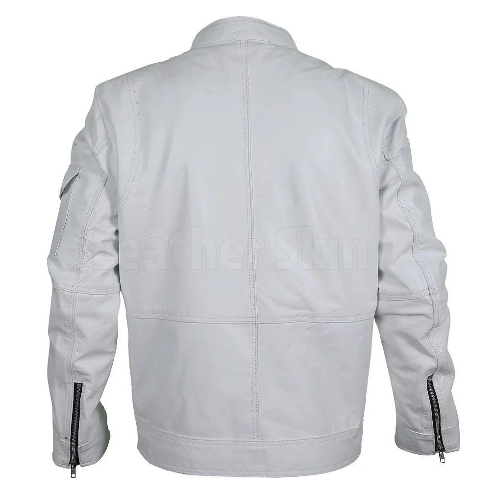 Flawless White Bomber Leather Racer Jacket - Leather Skin Shop