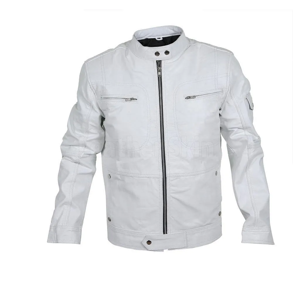 Flawless White Bomber Leather Racer Jacket - Leather Skin Shop